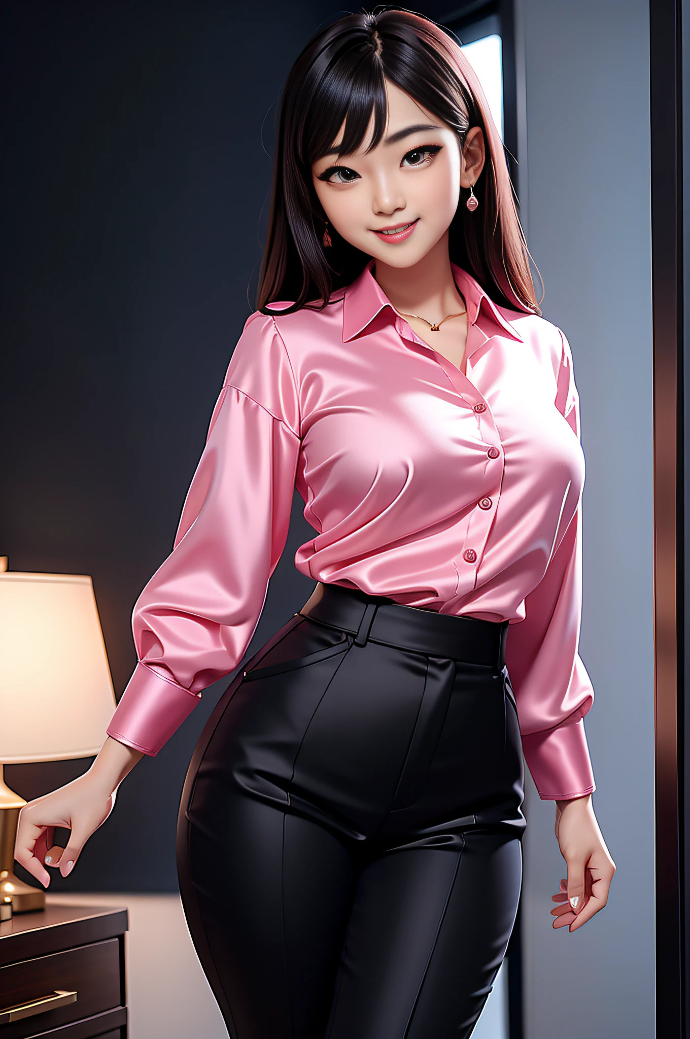 Beautiful Korean woman, masterpiece, smiling, seductive, office wear, wearing office clothes, pink tight silk blouse, tight black silk work pants, thick thighs, large breasts, silk clothes, sexy pose