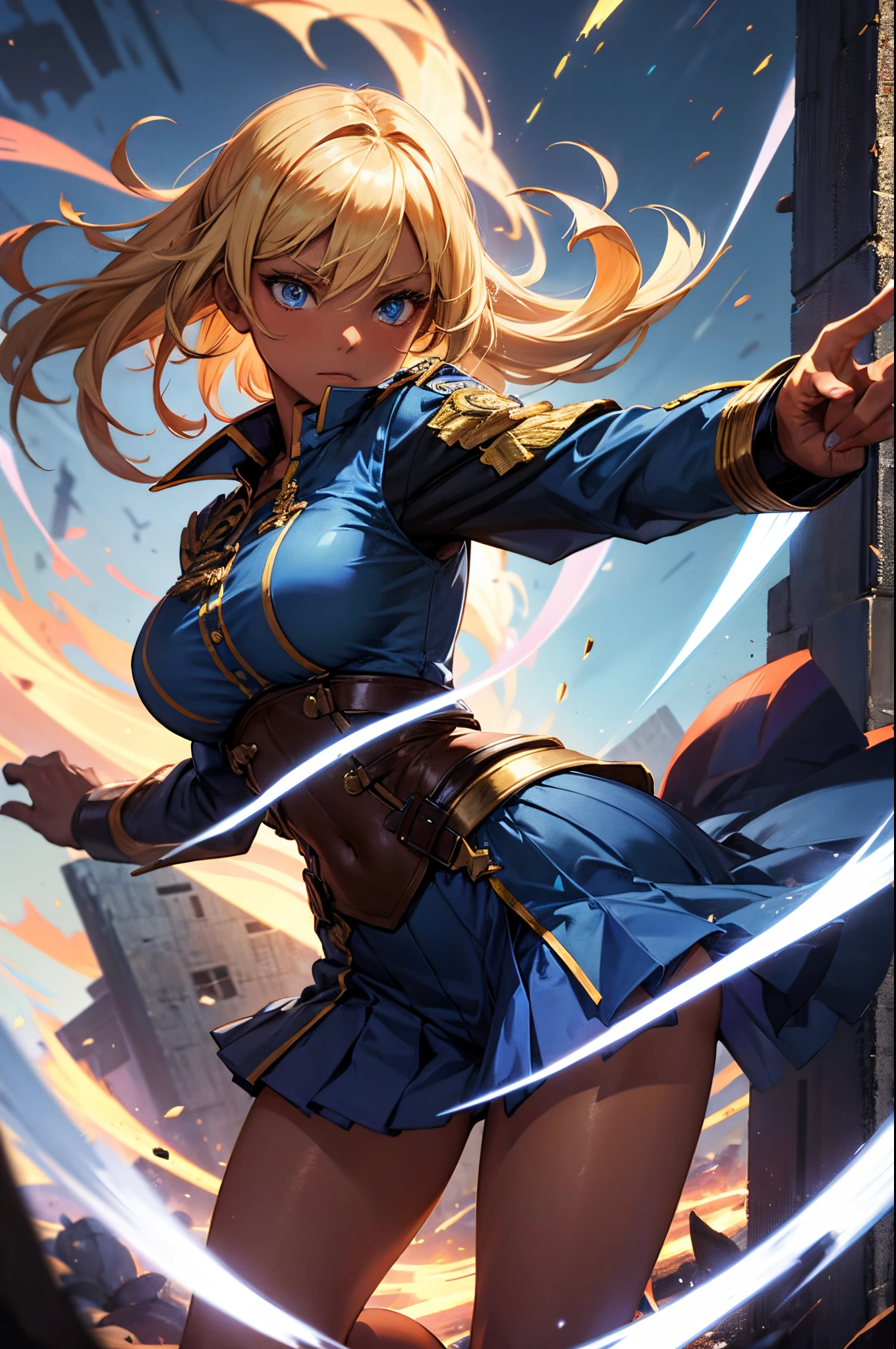 Female, Hime Cut Blonde hair, Blue eyes, dark brown skin, large breasts, wearing a military uniform and wielding a sword. A city background during the day time