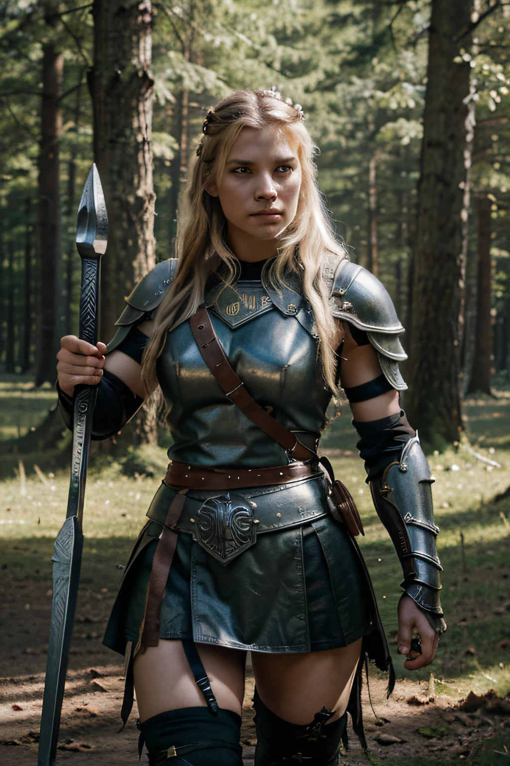 Create an illustration of a fearless Viking warrior with impressive armor and a powerful axe, who charges determinedly into battle. Armor should be both protective and attractive, und die Szene sollte die Energie und Entschlossenheit der Kriegerin unterstreichen. In dieser Darstellung, emphasize Nordic mythology and the spirit of an independent and strong woman. Valkyrie style with very limited armor, KarolinaDemy:0.7, im Wald, Schlachtruf