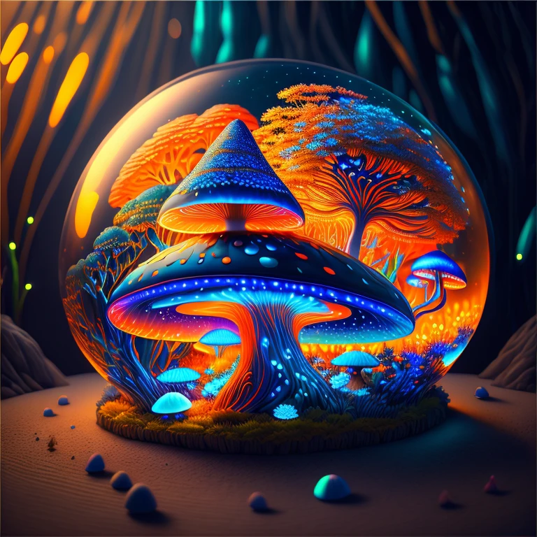 Bioluminescent Mushroom/Glowing mushrooms/luminous mushroom l, monet, blue, orange, grey,(best quality,4k,8k,highres,masterpiece:1.2),ultra-detailed,(realistic,photorealistic,photo-realistic:1.37),HDR,UHD,studio lighting,ultra-fine painting,sharp focus,physically-based rendering,extreme detail description,professional,vivid colors,bokeh,monet,blue,orange,grey,portraits,landscape attention：Original art by Tupu.