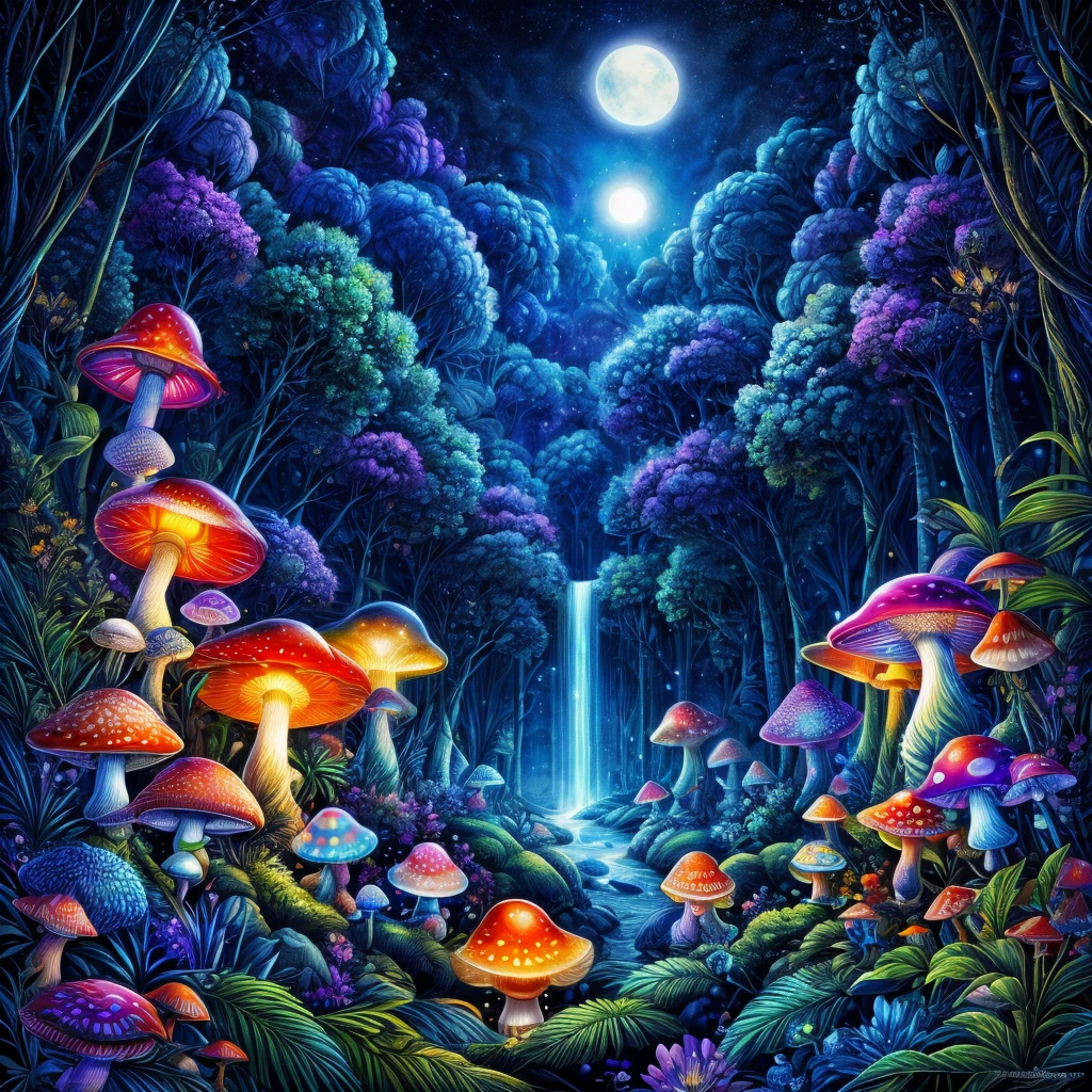 (((tmasterpiece))), (((Best quality at best))), ((intricately details)), ((Hyper-realistic)), ((1 transparent glowing mushroom, Solo, Colorful transparent luminous plastic)), (Starry sky and nebula, A mysterious dreamy forest，Dense trees，Weird and cute glowing mushrooms，magicle world，Charming dreamy mushroom jungle under the moonlight, waterfallr, and luminous creatures soaring in the night, Exotic flowers and plants are blooming，Enchanting dream jungle background in moonlight，The picture is spectacular), beatiful background, Light particles, suns rays, dramatic lights, 电影灯光, (midynight), (irregular), (mistic), (absurd res), dream-like, Disney, T-shirt design, Vector,number art, psychedelic theme, vivd colour, Saturated color