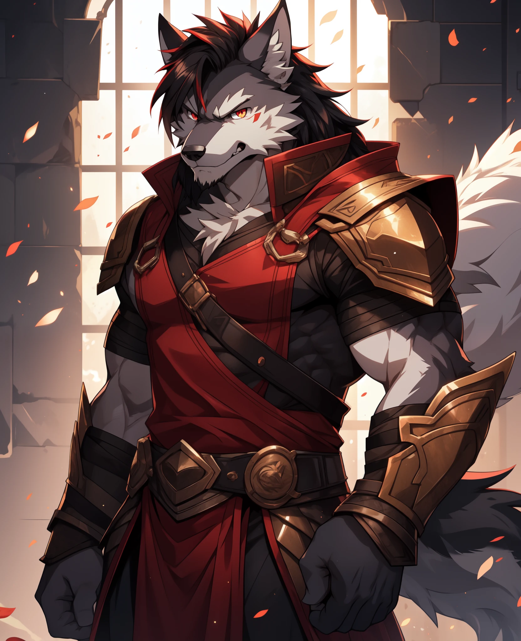 the only person,White body,Red ears,red hair clothing,black hair color hair,Overall red,The left eye is purple,Golden right eye,Wolf tail,Wolf orcs,Ultra-clear screen,Soft cord, perfect litthing, Light particles,(Best quality),(tmasterpiece),(ultra - detailed),Focus sharp,Light particles, detailedbackground,In prison,Broken armor,angry look,bloods,hatless