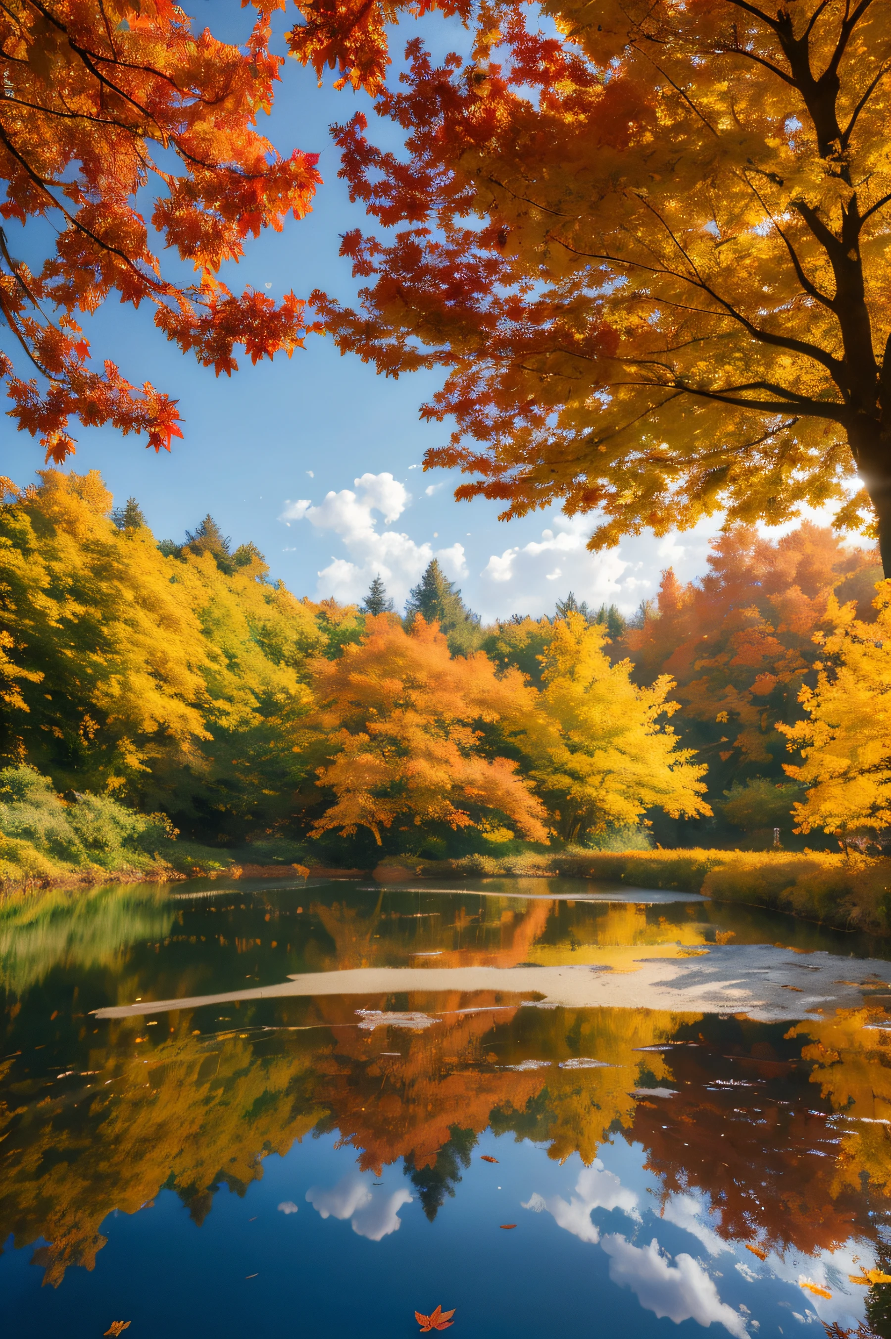 Wallpaper, standing autumn, maple leaves, trees, sky, white clouds, HD detail, wet watermark, hyperdetail, film, surrealism, soft light, deep field focus bokeh, ray tracing, diffusion (ultra-fine glass reflection) and surrealism.