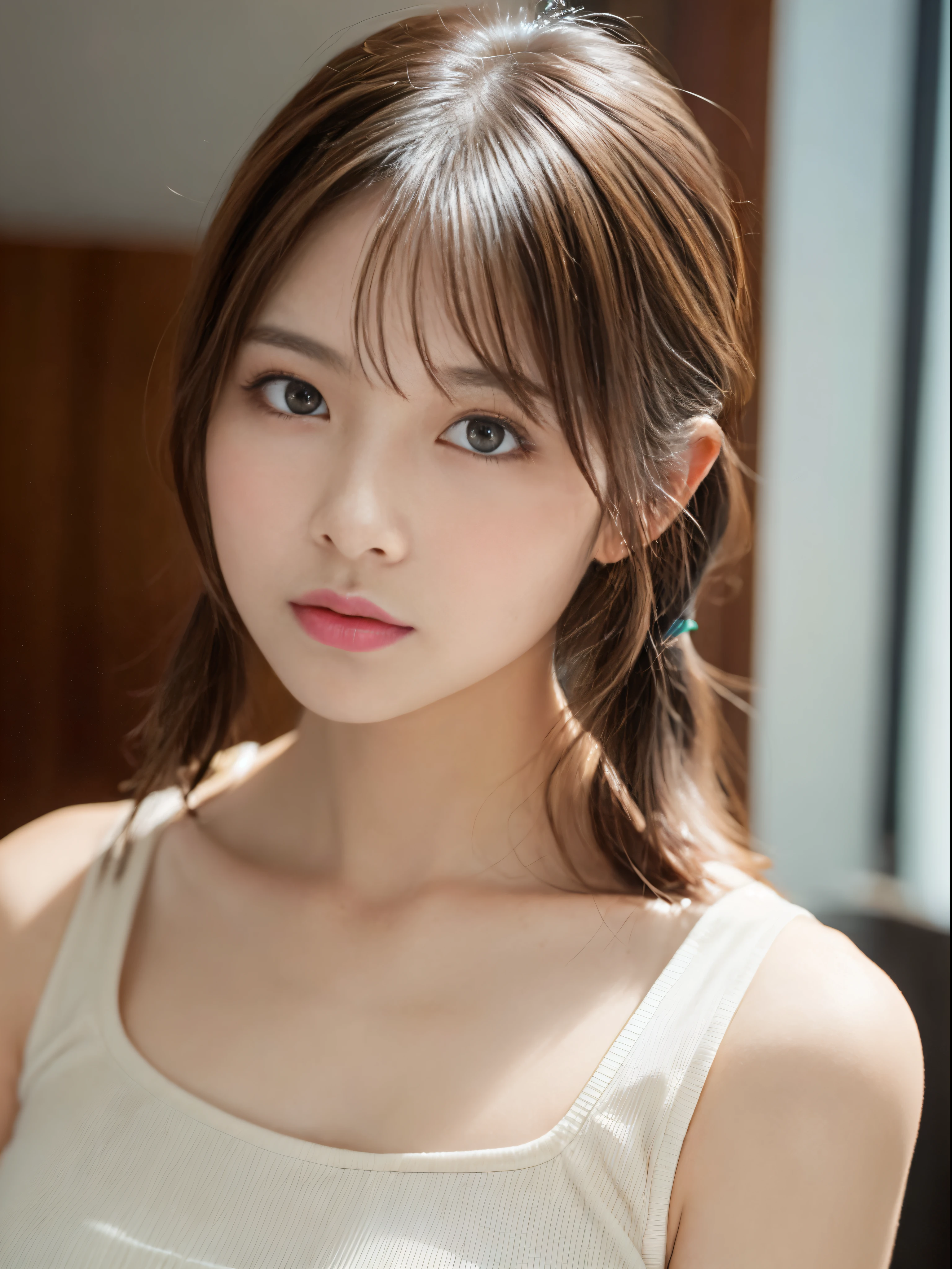 (masterpiece:1.5)、(8K)、(Photorealsitic:1.5)、Raw photography、(Top image quality:1.4)、(foco nítido:1.5)、
top-quality、masterpiece、超A high resolution、very detailed and professional lighting、
23 years old、slender、prety woman:1.4、serious facial expression、
In the living room where the morning sun shines、is standing、randome pose、
Wearing a tank top、
light brown hair、poneyTail、Glowing hair、
Super Detail Face、A detailed eye、二重まぶた、
Natural Color Lip、Transparent skin、
