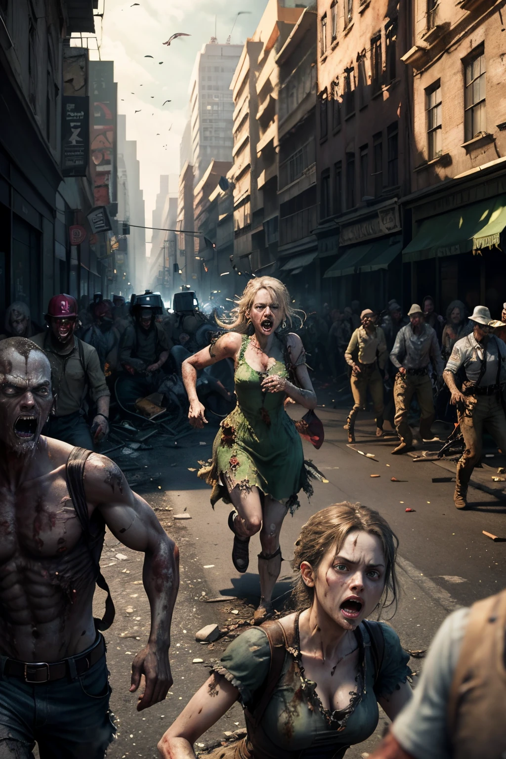 Zombies tearing at crowds in the streets,Outbreak of zombie virus in the crowd,Chaotic and dilapidated streets,A crowd fleeing in panic,Lots of detail, focus on 5 zombies,Zombie games,Resident Evil,Realistic scenes,ultraclear,