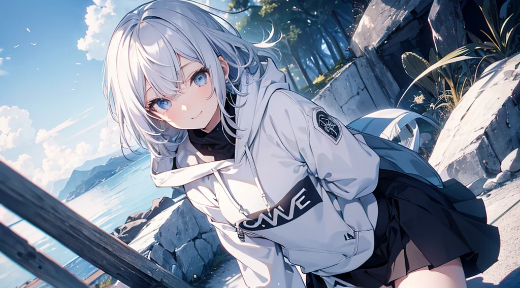 Ultra-high image quality,Look at viewers, hands behind back, girl with, 20 years old, Very short hair, long bangs between eyes, pale blue eyes, Hoodie, Skirt , Blue sky, Sunlight, Extremely detailed,(masterpiece、top-quality)、独奏、White hair、A smile、White skin as clear as snow、Fantastical, Silver hair, Black eyes, Beautiful eyes,, Ecstasy, charmed, be smitten with audience, Hoodie, White hoodie,a black skirt,look down from above,Sea view