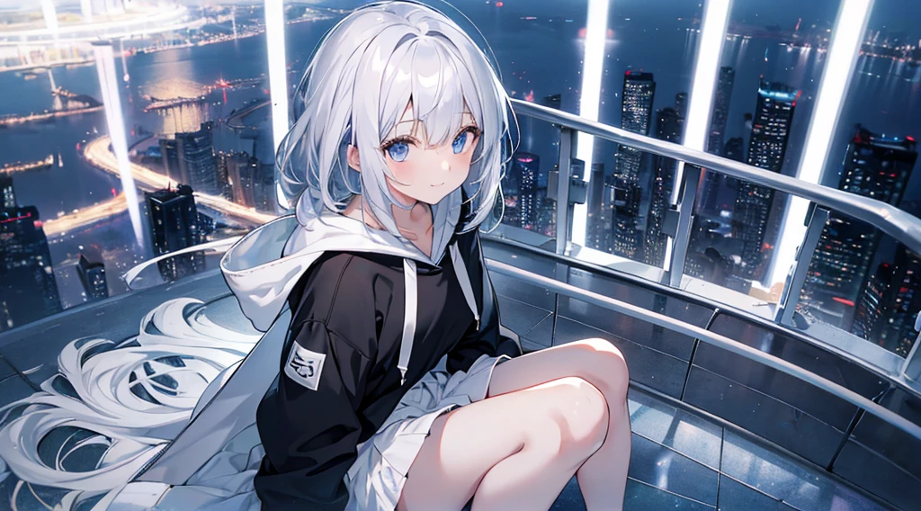 One girl,City of night,Wearing a hoodie,Gray Hair,Back Alley,8K Above chest