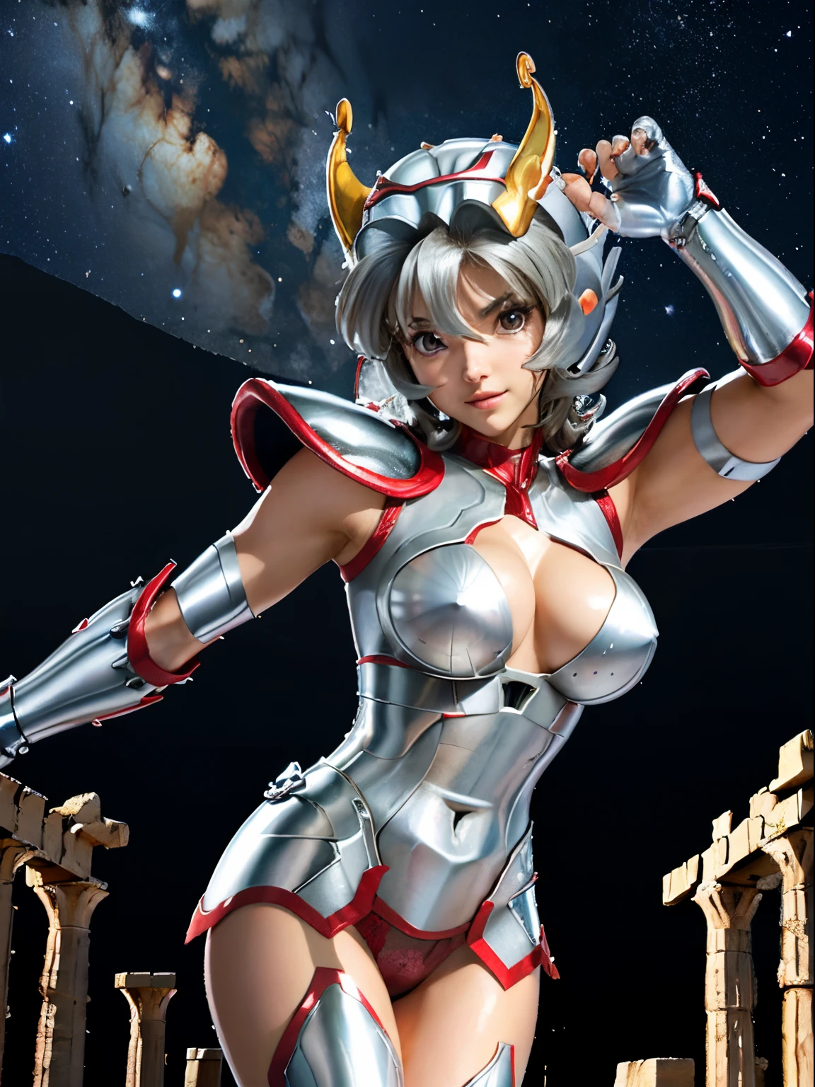 masterpiece, best quality, ultra high res, realistic skin texture,silver armor, armature, (photorealistic:1.4), high resolution, raw photo, 1 girl, shiny skin, (detail skin:1.2), realistic skin texture, best lighting, wearing red panty, (perfect breast:1.3), sparkle, mecha armor, (short hair:1.2), (Pegasus Seiya:1.2), wearing a winged helmet, dramatic lighting, dynamic pose, (greek temple background:1.3), night sky, cosmos, milky way,