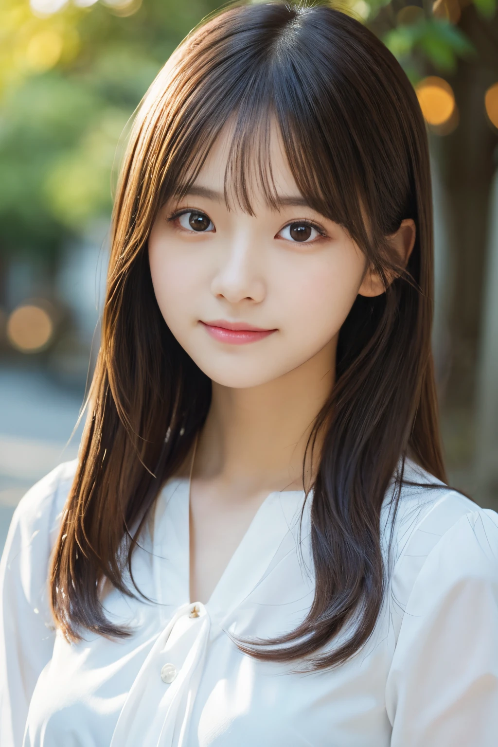 1girl, Japanese student, White blouse, beautiful, cute, Japanese idol face, droopy eyes, thin eyebrow, Japanese idol hairstyle, shiny flaxen hair, smile, classroom, high detail, Background blur, huge breasts, short-cut, ​masterpiece, ultra detailed photorealistic, high resolution, Detailed RAW color photo, extremely delicate and beautiful, high detailed, 8k wallpaper, extremely detailed eye, high detailed skin, highly detailed hair, highly detail lips, perfect anatomy,