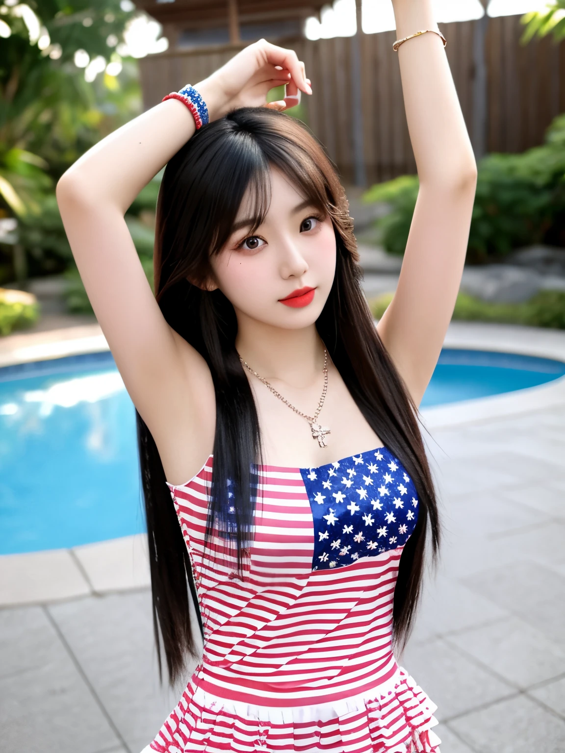 American flag printed short dress, 1girl, japanese, raising hands, 25 years old, fair white skin, necklace, bracelets, wet body, glitter eyeliner, pink cheeks, long eyelashes, layered hairstyle,  long brunette hair, red lips