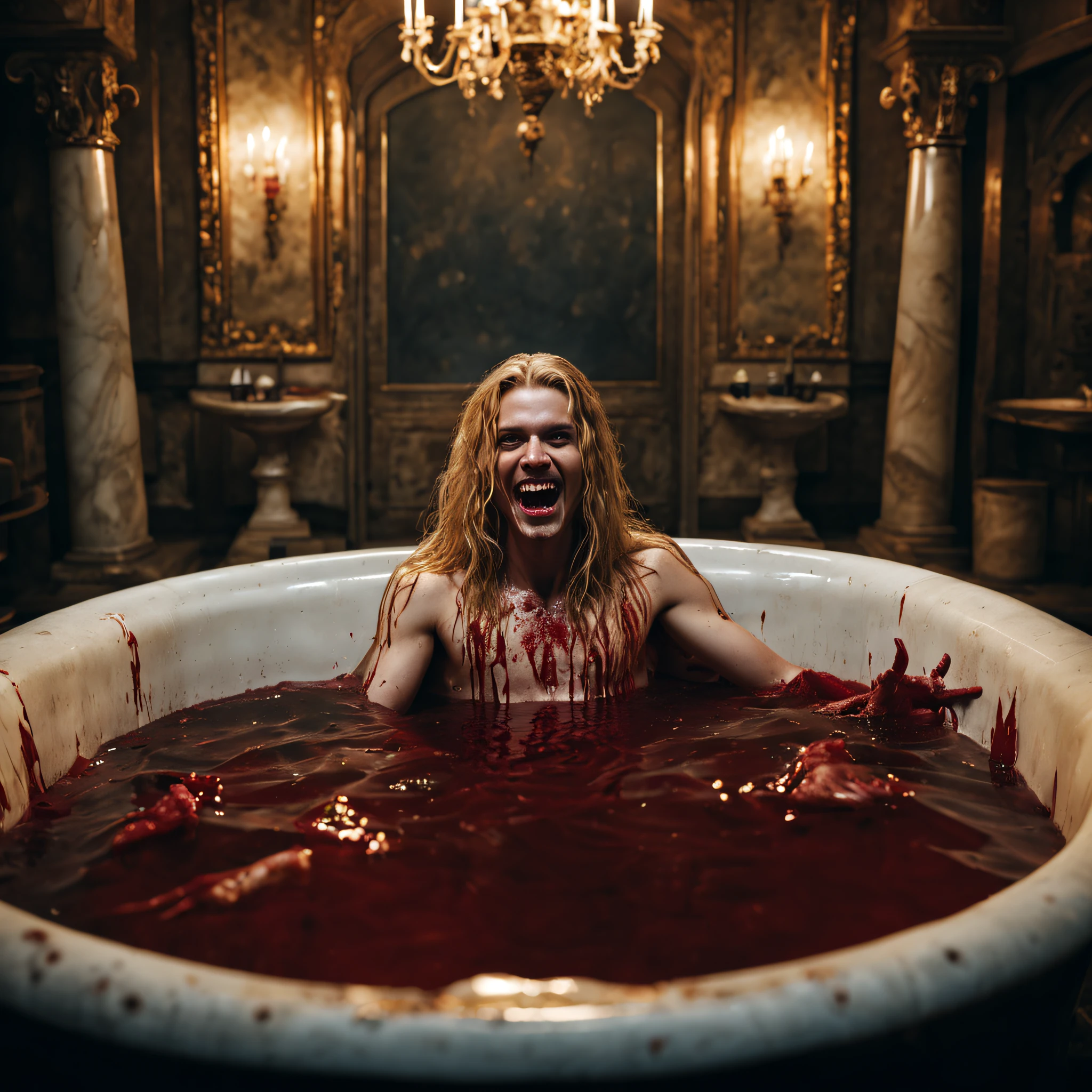 movie scenes, (full-body close-up), a bathtub full of blood, handsome, blonde and long hair, a pale-skinned vampire submerged in a bathtub, golden and antique bathtub, (huge bathtub: 1.4), little smile, (pointed fangs: 1.2), mysterious, ancient, intricate detail, highly detailed, volumetric lighting, 4k rendering, stock photo, ultra-realistic, realistic textures, dramatic lighting, depth of field, film, (very wide angle: 1.3), dark light