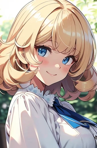 fluffy hair, a blond, perm, bobhair, White Dress, Blue eyes, Blonde blue-eyed, White blouses, a smile