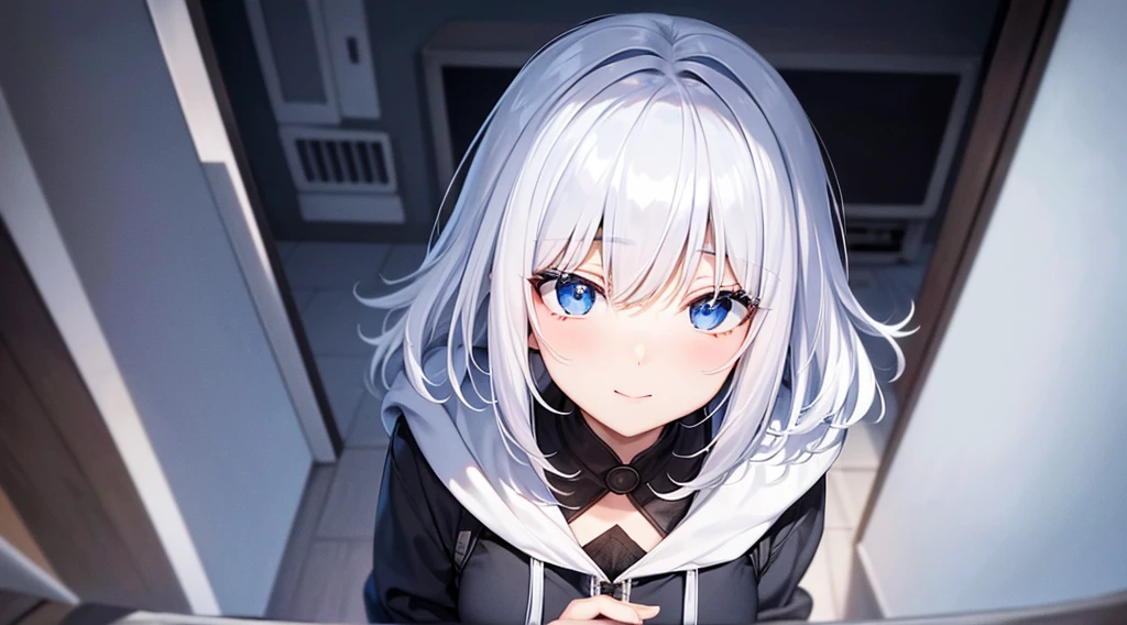 Ultra-high image quality,Look at viewers, hands behind back, girl with, 20 years old, Very short hair, long bangs between eyes, pale blue eyes, Hoodie, Skirt , Blue sky, Sunlight, Extremely detailed,(​masterpiece、top-quality)、独奏、White hair、A smile、White skin as clear as snow、Fantastical, Silver hair, Black eyes, Beautiful eyes,, Ecstasy, charmed, be smitten with audience, Hoodie, White hoodie,a black skirt,Hair is short,look down from above,inside in room,on the beds,Western-style room