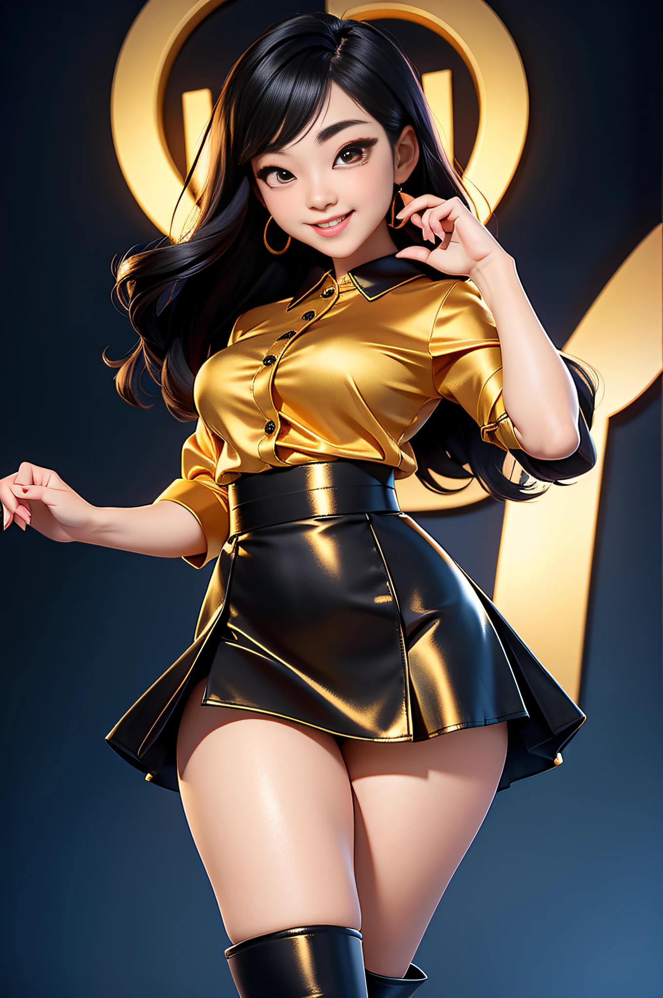 Beautiful Korean woman,  masterpiece,  smiling, seductive, office wear, wearing office clothes, golden silk blouse, silk black skater skirt, thick thighs, large breasts, silk clothes, disney pixar, animated, sexy, cartoon, boots