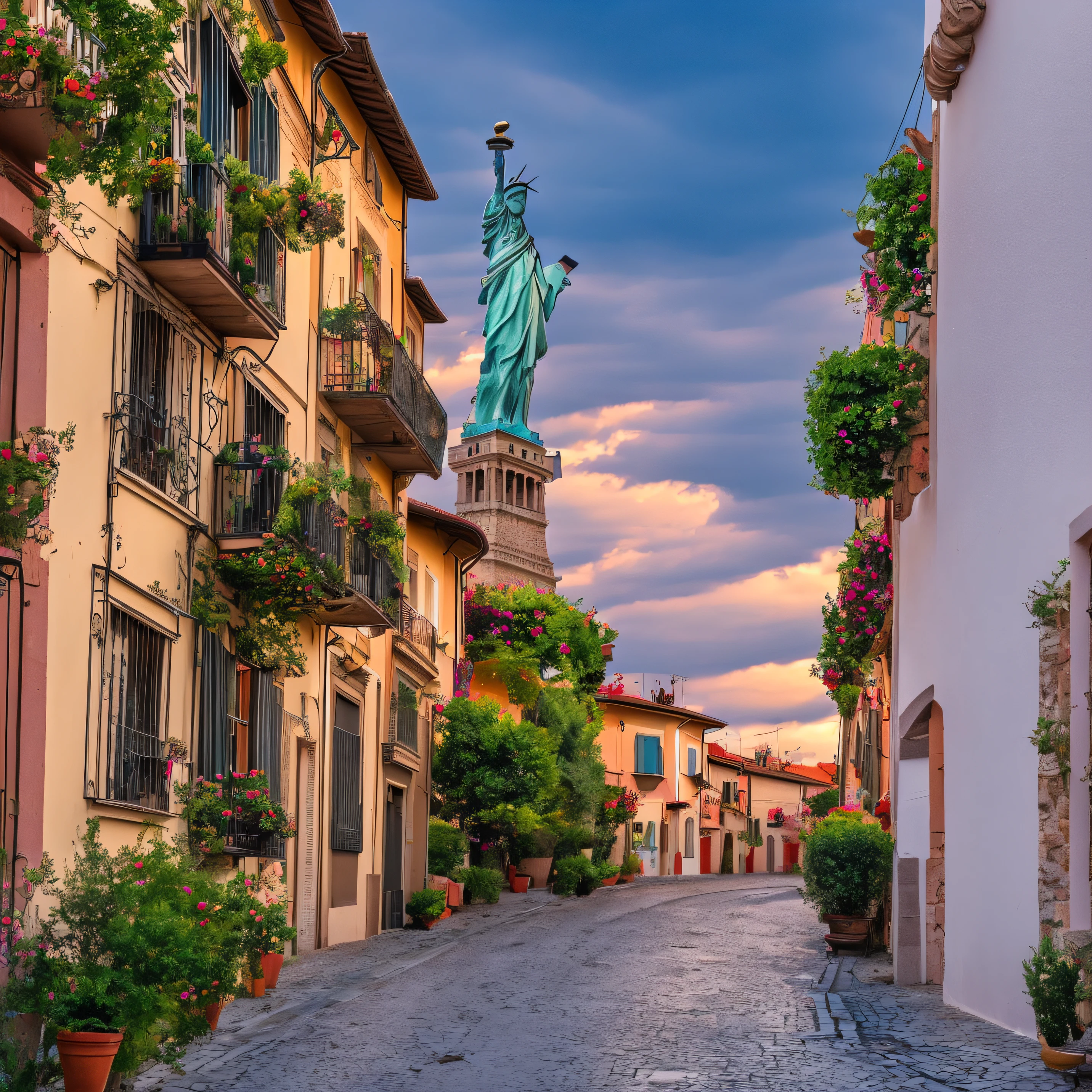 A charming street in Vittoria, Italy, with the silver metal Statue of Liberty in the background. The setting is realistic, but the clear sky displays magical tones and unusual colors, giving the image an enchanting atmosphere. The landscape becomes a blend of the traditional beauty of the Italian city and a subtle touch of magic, emphasized by the lush and unconventional sky.