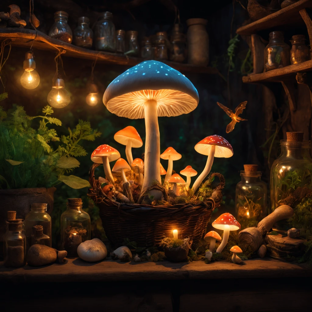 Witch's Kitchen,magic mushrooms in the basket,((Luminous mushrooms)),witch details&#39;kitchin,bottles,Photospores fly,magical lights,Light-emitting diode,​masterpiece,8K,mandragora flower pot,medicinal herb shelf,fairy bottle,A mysterious sight,Fantastical,The dim