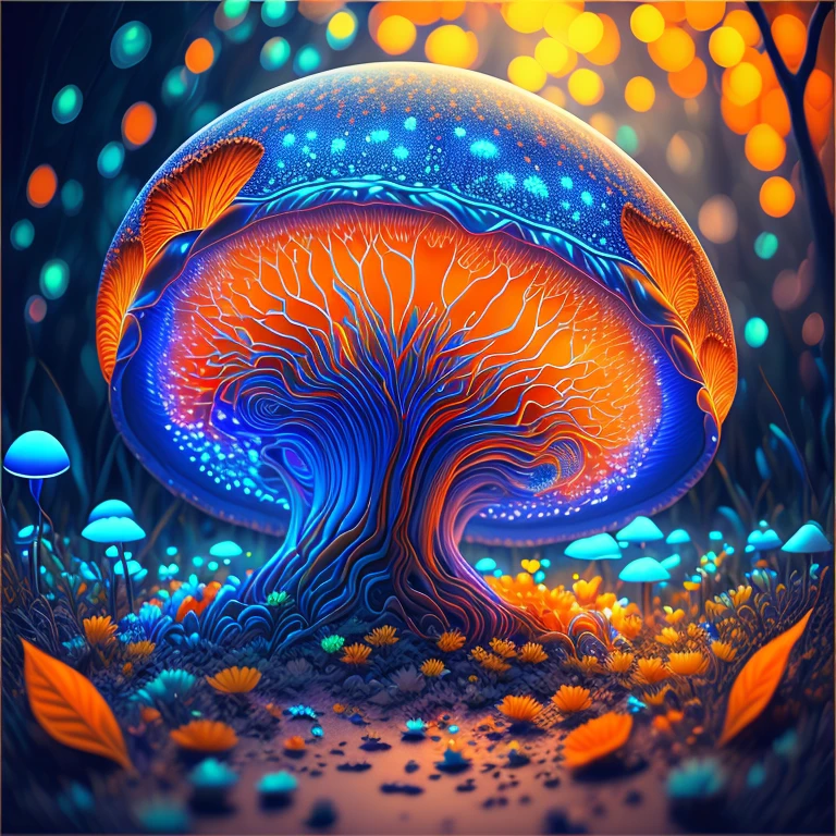Bioluminescent Mushroom/Glowing mushrooms/luminous mushroom l, monet, blue, orange, grey,(best quality,4k,8k,highres,masterpiece:1.2),ultra-detailed,(realistic,photorealistic,photo-realistic:1.37),HDR,UHD,studio lighting,ultra-fine painting,sharp focus,physically-based rendering,extreme detail description,professional,vivid colors,bokeh,monet,blue,orange,grey,portraits,landscape attention:Original art by Tupu.