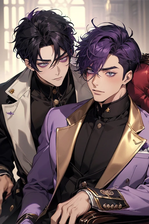 (((Two men、2 adult males)))、(((Man with black hair and man with purple hair))),(((face perfect、perfect eyes)))、red blush、Troubled face、School Uniforms、Elegant coat、Clothes with fur、Conspiracy look、Provocative facial expressions、Ridicule、laugh、Men with broad shoulders、 Various poses、Luxurious decoration in gold、Luxurious two-seat chair、