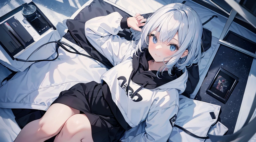 Ultra-high image quality,Look at viewers, hands behind back, girl with, 20 years old, Very short hair, long bangs between eyes, pale blue eyes, Hoodie, Skirt , Blue sky, Sunlight, Extremely detailed,(masterpiece、top-quality)、独奏、White hair、A smile、White skin as clear as snow、Fantastical, Silver hair, Black eyes, Beautiful eyes,, Ecstasy, charmed, be smitten with audience, Hoodie, White hoodie,a black skirt,Hair is short,look down from above,inside in room,on the beds,Western-style room