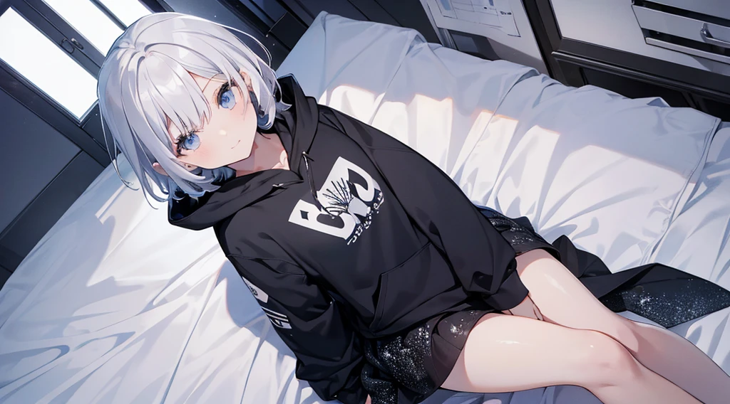 1 girl, rusk, Virtual Chat, Black hoodie, Flat Chest, Bedroom Background, Blue Hair, short hair, blue eyes, Cat girl, 2D, 2D, masterpiece, ((Ray Tracing)), Trending on Artstation, Complex details, detailed, Complex, No pants, , he is short, (night), (Camel Toe), ((Sitting on the bed)), Spread your legs, ((White panties)), Black Stockings, (high detailed shadows), striped panties, ((I can see your panties))