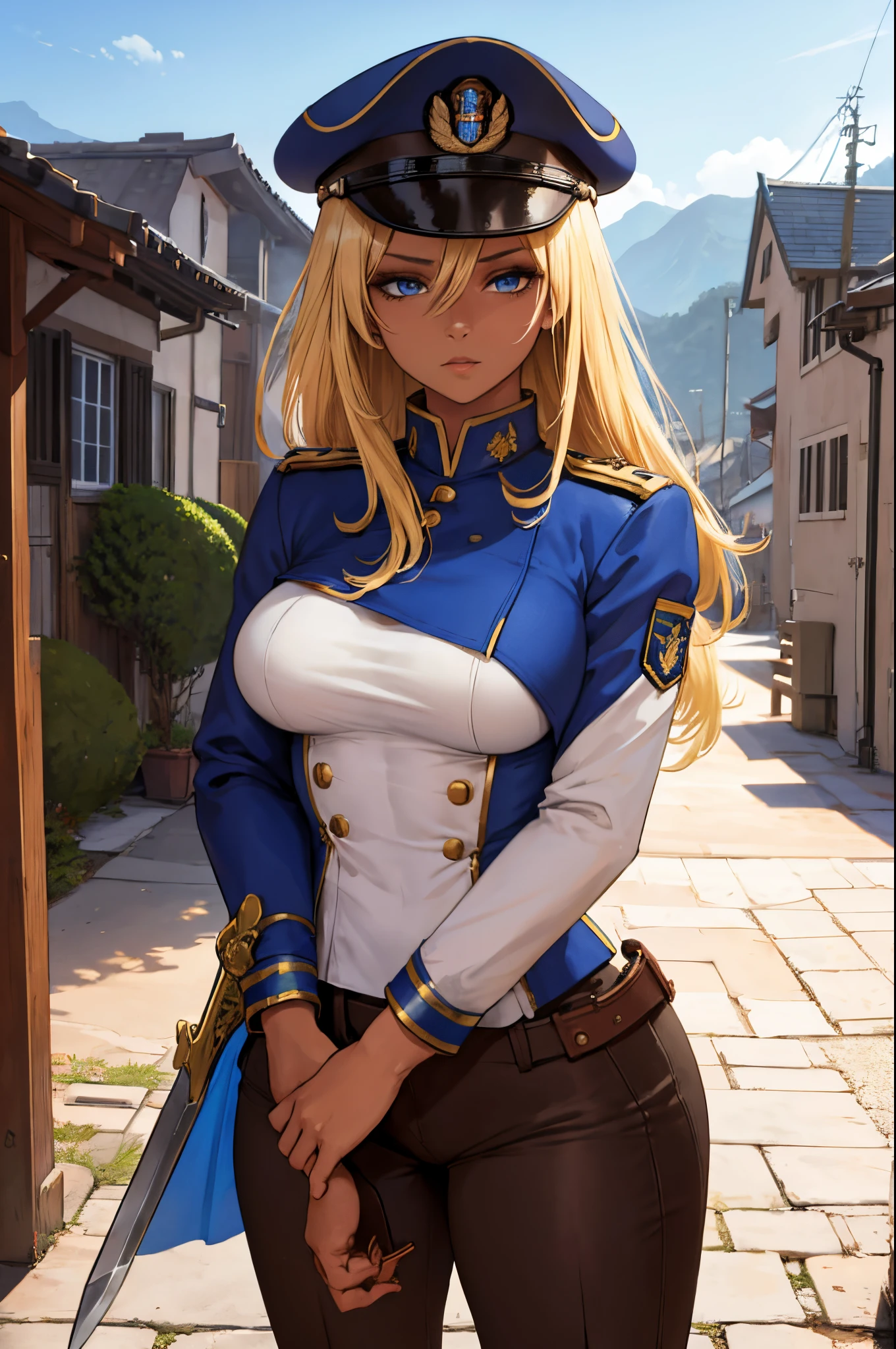 Female, Hime Cut Blonde hair, Blue eyes, dark brown skin, large breasts, wearing a military uniform and military cap and wielding a sword. A city background during the day time