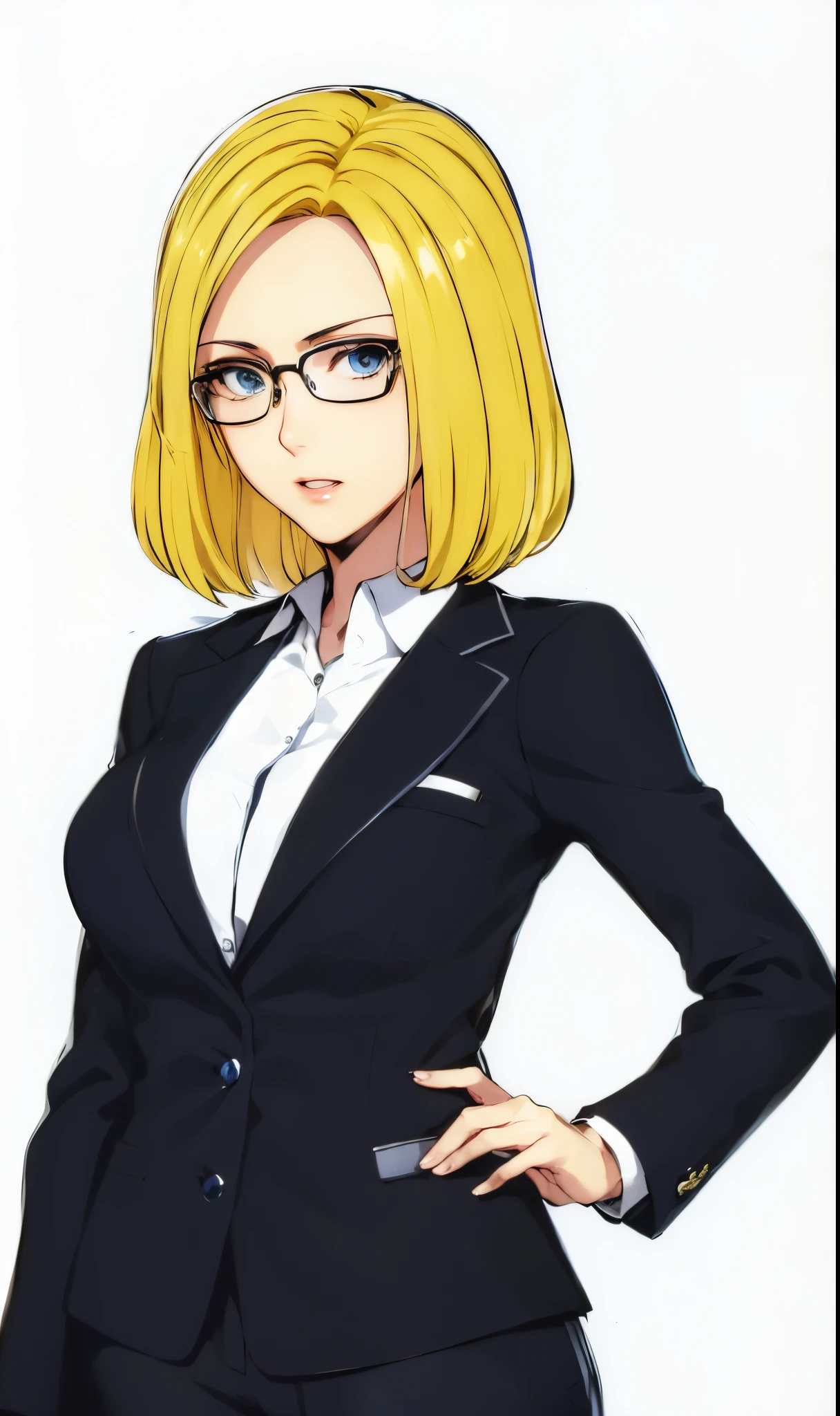 anime blonde and blue eyes woman in a suit and glasses, anya from spy x family, yayoi kasuma, official character art, girl in a suit, girl in suit, marin kitagawa fanart, wearing a suit and glasses, in strict suit, hints of yayoi kasuma, kentaro miura art style, in a strict suit, high quality fanart