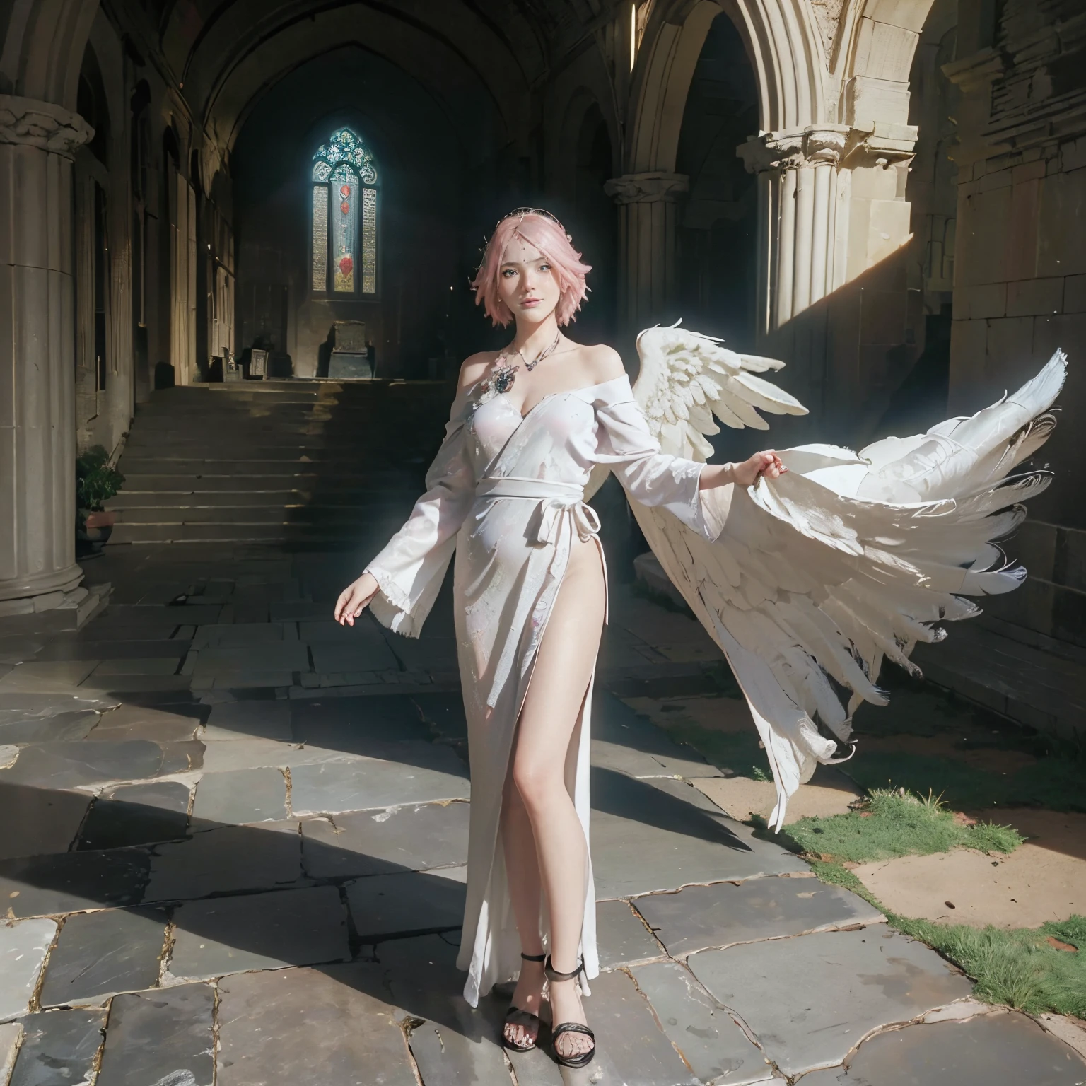 (RAW photo:1.2), ((photorealistic:1.4),(masterpiece:1.3),(best quality:1.4),ultra high res,(detailed facial features),(detailed body features),HDR,8k resolution, 1 girl, blush, light pink hair, 8k, ultra high details, perfect nose, blush, church background, wedding, fucking pussy, riding penis, nsfw, short hair , nude, woman on top, perfect tits