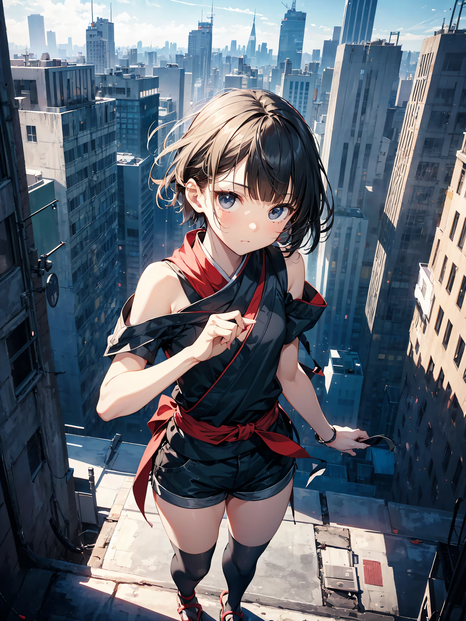 What is a ninja?、... It's cool and... quick.！Best ninja quality, anime moe art style,Best Anime 8K Konachan Wallpapers,Badass Anime 8K,Perfect ???????, (Please draw a picture of a ninja girl looking down on the city from the rooftop..)From diagonally above,overhead angle,BREAK, 1 The girl is a ninja, (Solo,Lori,child,13years:1.3), Androgynous attraction, (Very short hair, Blunt bangs), Full limbs, complete fingers,flat ?????, Small ????, groin, Finely detailed 8K beautiful black eyes, 
(Shoulder half-length),???? shoulders and arms,Obi,Short shorts, Ninja scarf fluttering in the wind, standing on the roof of a skyscrapper. BREAK, i have a mission.。Sasasasa...。Ultra-detailed,High resolution,super detailed skin, Professional Lighting, Illustration,