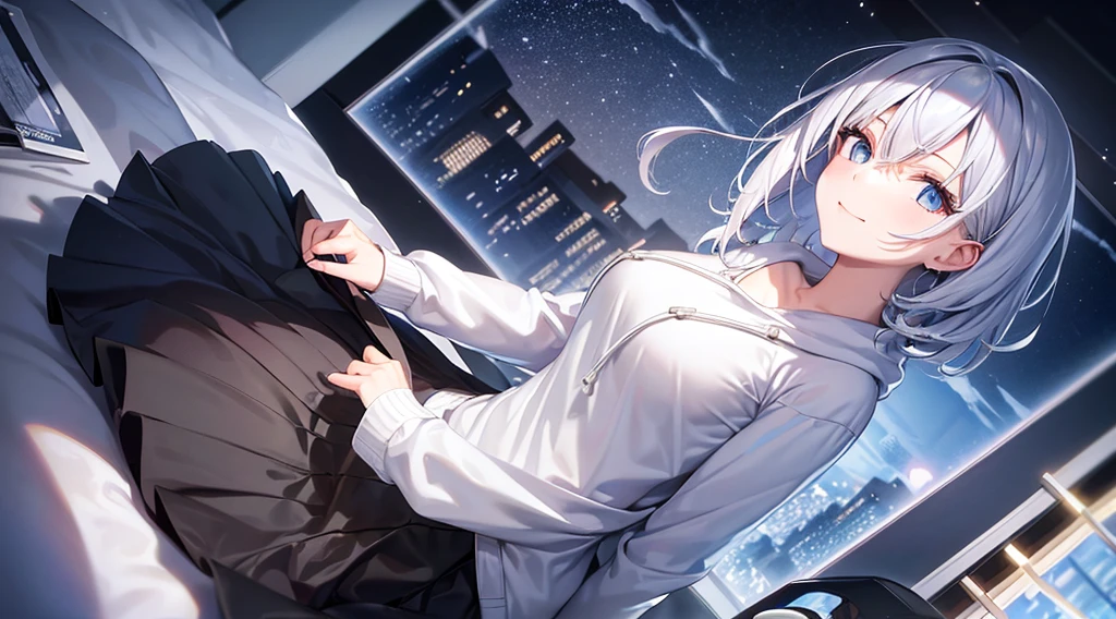 Ultra-high image quality,Look at viewers, hands behind back, girl with, 20 years old, Very short hair, long bangs between eyes, pale blue eyes, Hoodie, Skirt , Blue sky, Sunlight, Extremely detailed,(masterpiece、top-quality)、独奏、White hair、A smile、White skin as clear as snow、Fantastical, Silver hair, Black eyes, Beautiful eyes,, Ecstasy, charmed, be smitten with audience, Hoodie, White hoodie,a black skirt,Hair is short,look down from above,inside in room,on the beds,Western-style room