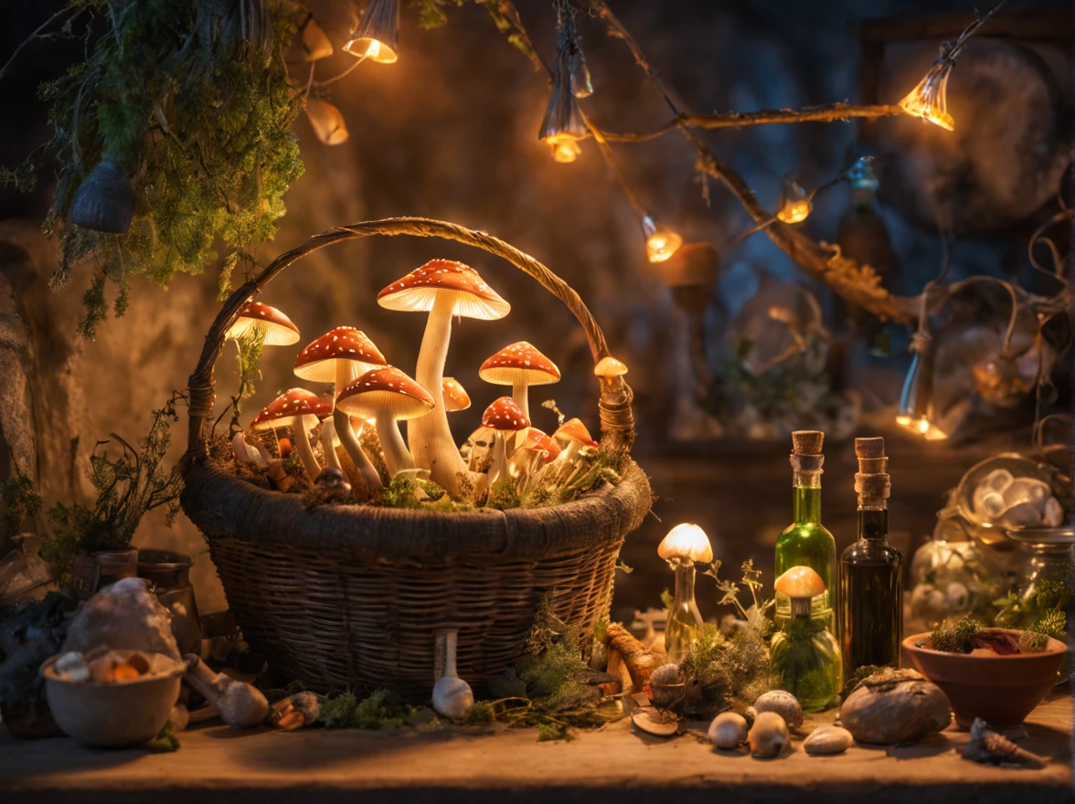 The Witch's Kitchen,magic mushrooms in the basket,((Luminous mushrooms)),witch details&#39;kitchin,bottles,Photospores fly,magical lights,Light-emitting diode,​masterpiece,8K,mandragora flower pot,medicinal herb shelf,fairy bottle,A mysterious sight,Fantastical,The dim