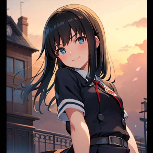 straight from front, upper part of body, smilingly, Estilo de Makoto Shinkai, best blue eyes, black apron dress, short red ribbon, black hair color hair, hair straight, long hair with bangs,, The best eyes, Best face, Anime nose, Anime mouth, Anime with a train, (tmasterpiece, Best quality:1.4), (ultra - detailed:1.2), illuminations, Picturesque,