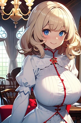 fluffy hair, a blond, perm, bobhair, White Dress, Blue eyes, Blonde blue-eyed, White blouses, a smile, borgar, inside the house, full bodyesbian, chandeliers, long boots, A slender, huge tit, Red ribbon in hair