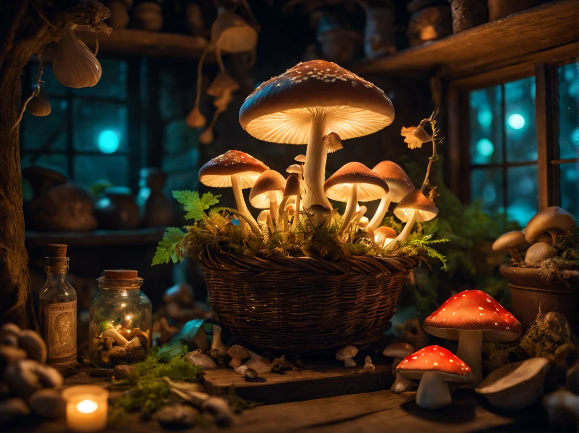 Witch's Kitchen,magic mushrooms in the basket,((Luminous mushrooms)),witch details'kitchin,bottles,Photospores fly,magical lights,Light-emitting diode,masterpiece,8K,mandragora flower pot,medicinal herb shelf,fairy bottle,A mysterious sight,Fantastical,The dim