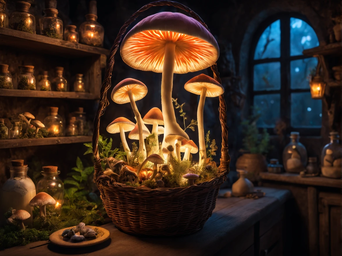 Witch's Kitchen,magic mushrooms in the basket,((Luminous mushrooms)),witch details&#39;kitchin,bottles,Photospores fly,magical lights,Light-emitting diode,​masterpiece,8K,mandragora flower pot,medicinal herb shelf,fairy bottle,A mysterious sight,Fantastical,The dim