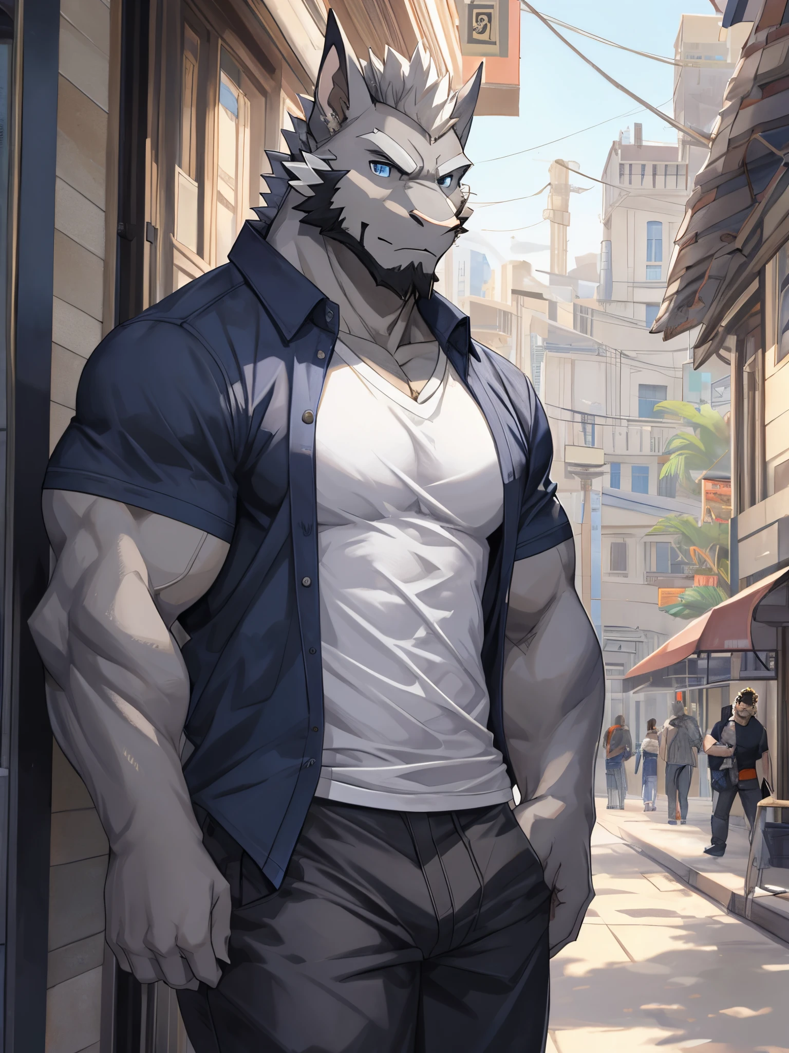 Masterpiece, Solo, Furry Gray Dragon, Adult, Gray Fur, Grey Facial Hair, Blue Eyes, Gray Short Hair, Muscular Body, Good Looking, Handsome, Fierce, Casual Shirt, Casual Pants, Cool Pose.