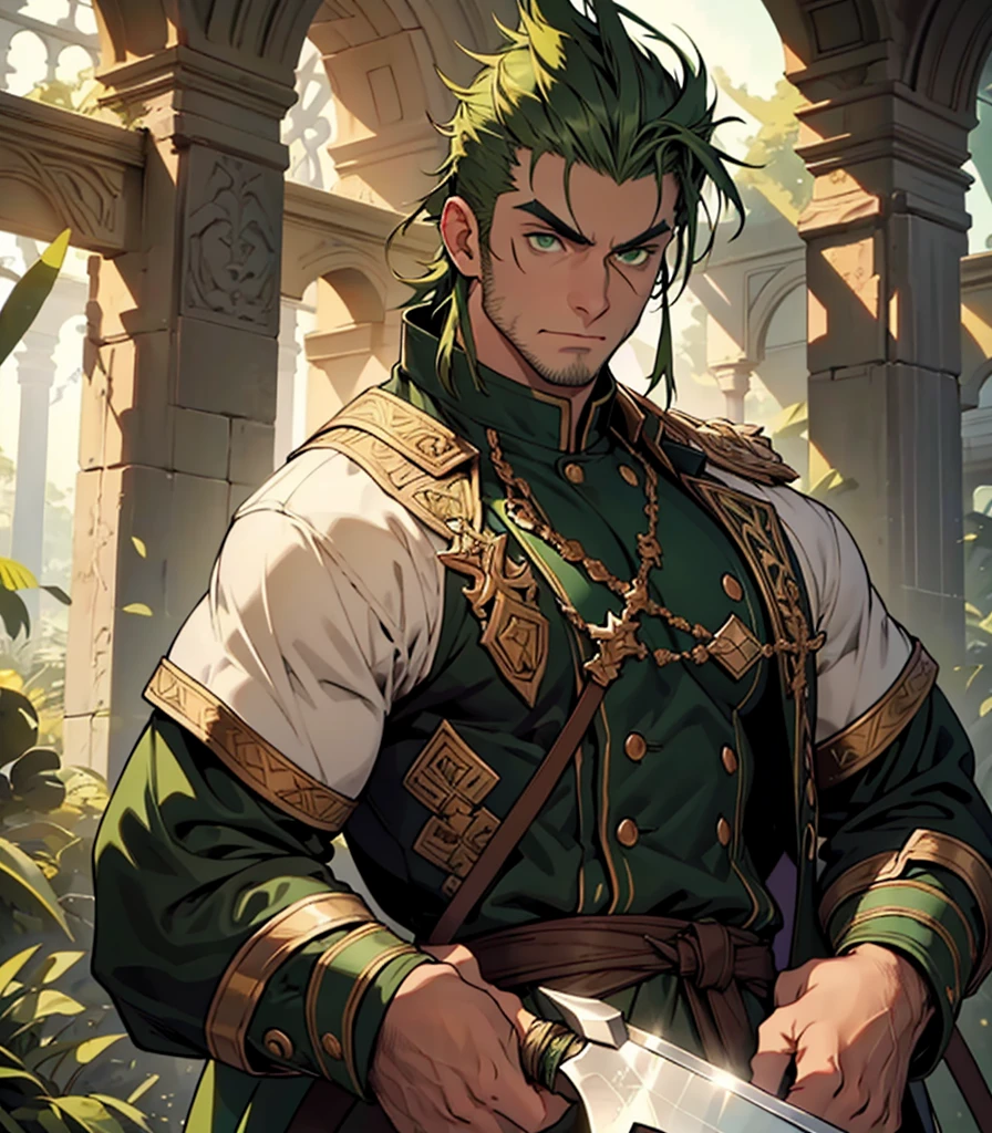 masterpiece, best quality, Highly detailed, 1 man, green eyebrows, green hair, symmetrical hair, combat boots, back view, expressive eyes, perfect face, sideburns, green eyes, massive colossal body builder body, tall, wears green jacket, holding huge spear axe on right hand, ((light background)), (full body), back view looking at viewer