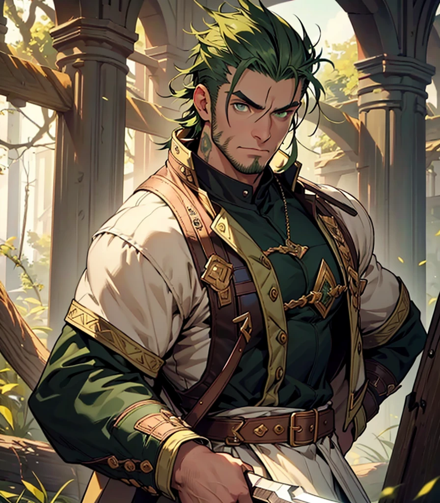 masterpiece, best quality, Highly detailed, 1 man, green eyebrows, green hair, symmetrical hair, combat boots, back view, expressive eyes, perfect face, sideburns, green eyes, massive colossal body builder body, tall, wears green jacket, holding huge spear axe on right hand, ((light background)), (full body), back view looking at viewer