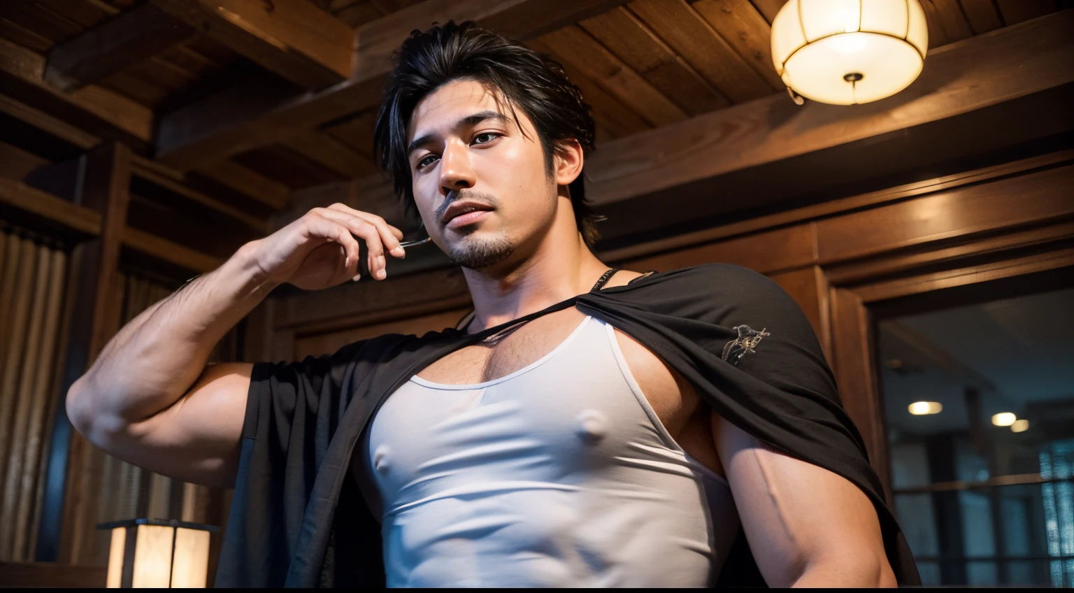 (masterpiece, best quality:1.2), upper body, solo, male focus, 1boy, yami sukehiro, muscular male, facial hair, sideburns, stubble, slight smile, looking at viewer, tank top, capelet