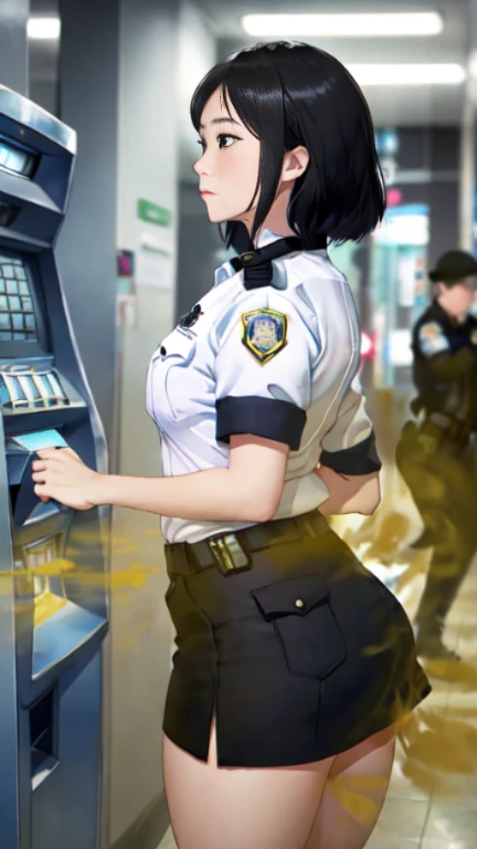 ((velocity)),Attacked by farts, (((Women farting))),(girl farting while withdraw money from ATM)),velocity,)(a female police),(wearing a police uniform and skirt),(side view )) (short blackhair),(Asian woman),(ATM),(masterpiece:1.2、top-quality, best-quality)、(the Extremely Detailed CG Unity 8K Wallpapers、ultra-detailed、Best Shadows)、(细致背景)、(The best lighting、extremely delicate and beautiful)、depth of fields、1girl in、独奏、upward looking gaze、