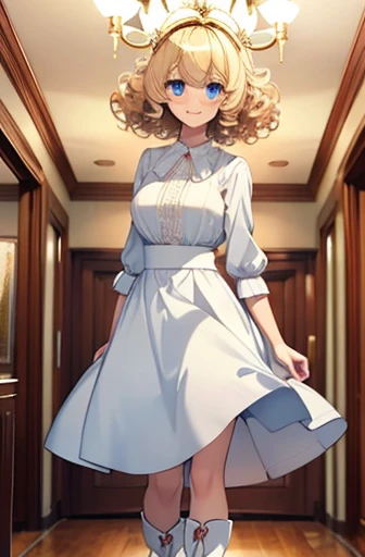 Put your arms behind your back, full bodyesbian, fluffy hair, a blond, Loose and fluffy perm, bobhair, Blue eyes, Blonde blue-eyed, White Dress, A smile, A slender, Brown boots, in a house, black tea, Perspective from above, Hollow eyes, Crisp eyes