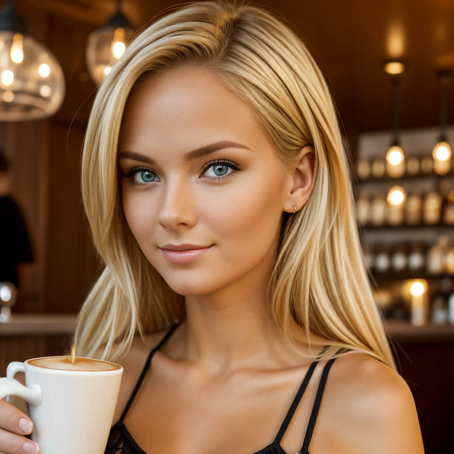 belle femme blonde, blonde hair beautiful, corp parfait, lakers sexy clothes  smile in coffe shop  posed in camera sunny , sexy, pose sensuelle, regard sexy, nuit, ombre, beauty, cute, happy