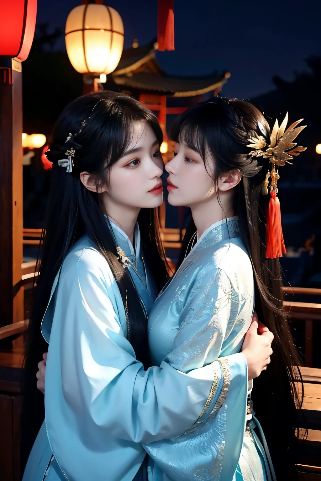 k hd、8K、Two 18-year-old ancient Chinese girls、hugging eachother、kissing each other、face to face、Ancient Chinese female generals and ancient Chinese female assassins、Black period clothing、exquisite clothing patterns、long whitr hair、through bangs、Amazing amount of hair、through bangs、long, floated hair、Old town night view、ancient fantasy、nigh sky、Detailed hands、Delicatemakeup、8K、fine texture