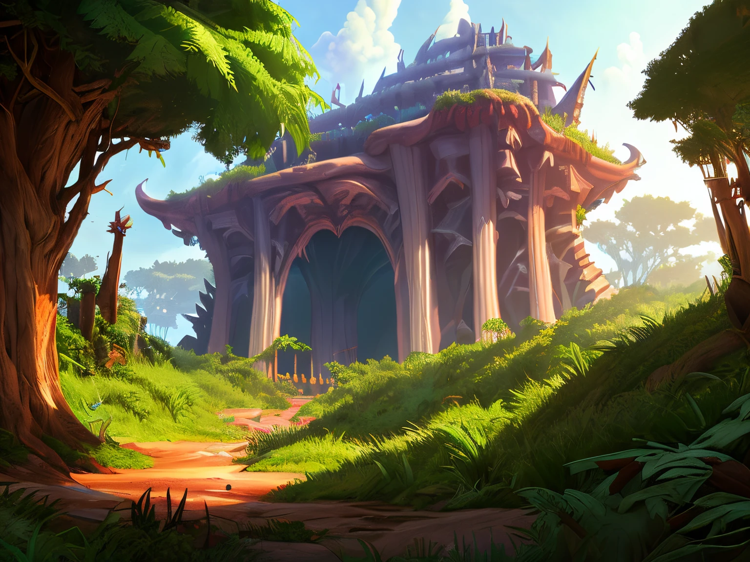 abandoned jungle temple landscape, Anime Art, atmosphere of tall grass, 8 K resolution, detaileds, Trending on ArtStation, league of legends splash art, Ambient Occlusion, Cinematic lighting, High quality shadows