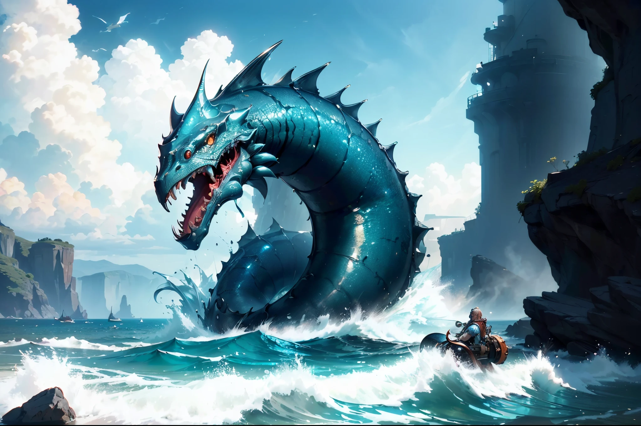 generate a huge sea monster and a Small diver, from far photoshoot,(masterpiece, best quality:1.2),(8k,highres,RAW photo,realistic,photo-realistic:1.3),(detailed skin texture,detailed cloth texture,beautiful detailed face:1.25),professional lighting,photon mapping,beautiful soft light,radiosity,physically-based rendering,model shoot style, model shoot style, (extremely detailed CG unity 8k wallpaper), full shot body photo of the most beautiful artwork in the world, complex 3d render ultra detailed, looking at viewer, 18 yo, wet hair, real human skin, vibrant details, hyperrealistic, beautiful, octane render, 8k, best quality, masterpiece, an extremely delicate and beautiful, extremely detailed ,CG ,unity ,wallpaper, (realistic, photo-realistic:1.37),Amazing, finely detail, masterpiece,best quality,official art, extremely detailed CG unity 8k wallpaper ,extreme detailed eyes, (perfect face), shiny skin, colorful, highest detailed, vibrant colors, ultra high res, (high contrast), intricate, lens flare, ((bigger head))