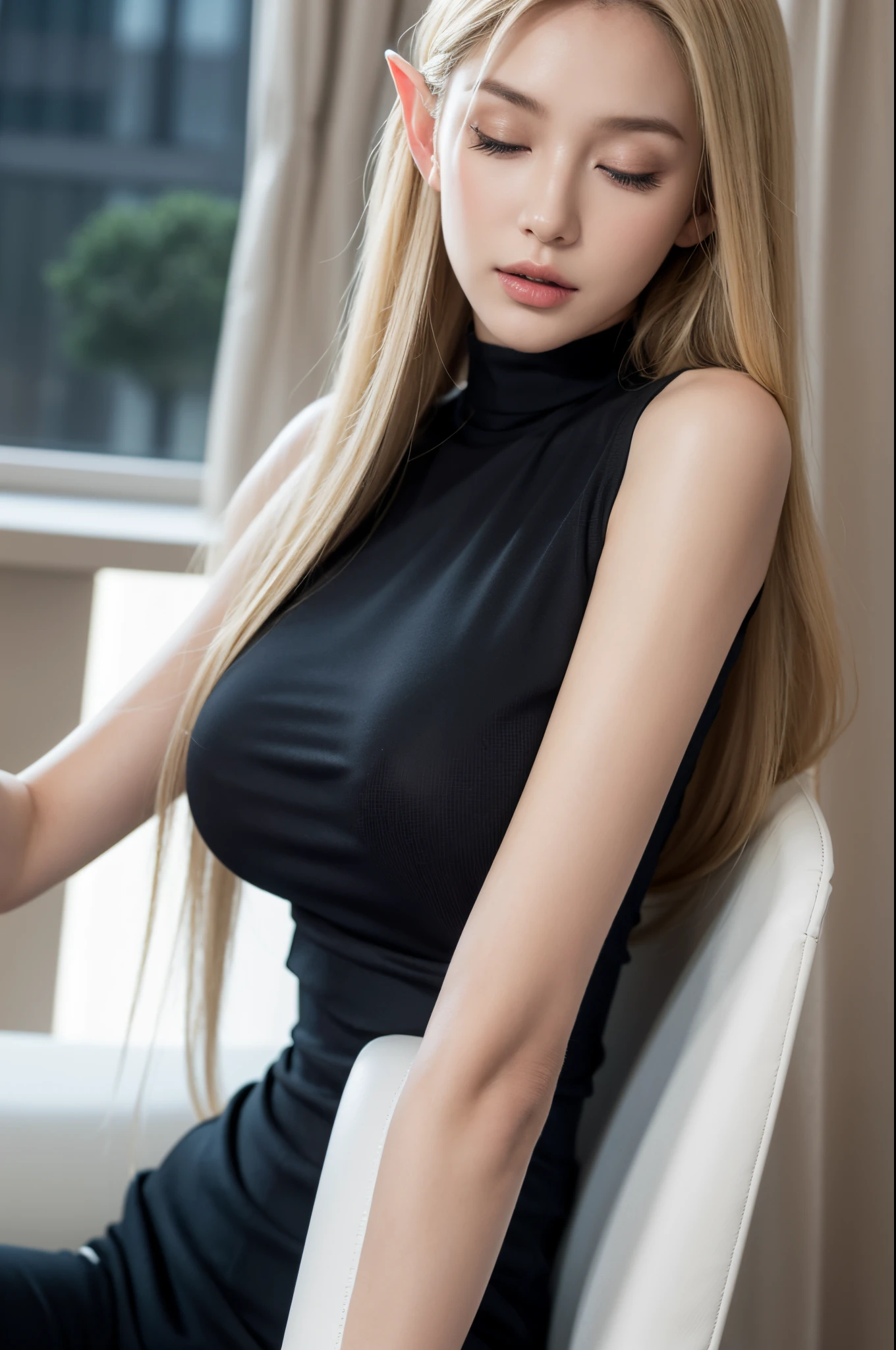 Elf beauty with elongated ears, big breasts, slender figure, slitted blue eyes, semi-long blonde hair, eyes closed, waiting for kiss, business suit, black shirt with slightly open chest, black trousers, in office, on break, ultra realistic, realistic capture, high detail, high resolution  16K human skin close-up Skin texture must be natural and so detailed that pores can be finely identified, Mix4, 20d, SOLO, full body, look-at viewer, (8K, RAW capture, top quality 1), (Real Photo 2), (Real Photo Realistic: 1.37), Professional lighting, photon mapping, radiosity, physics-based rendering.