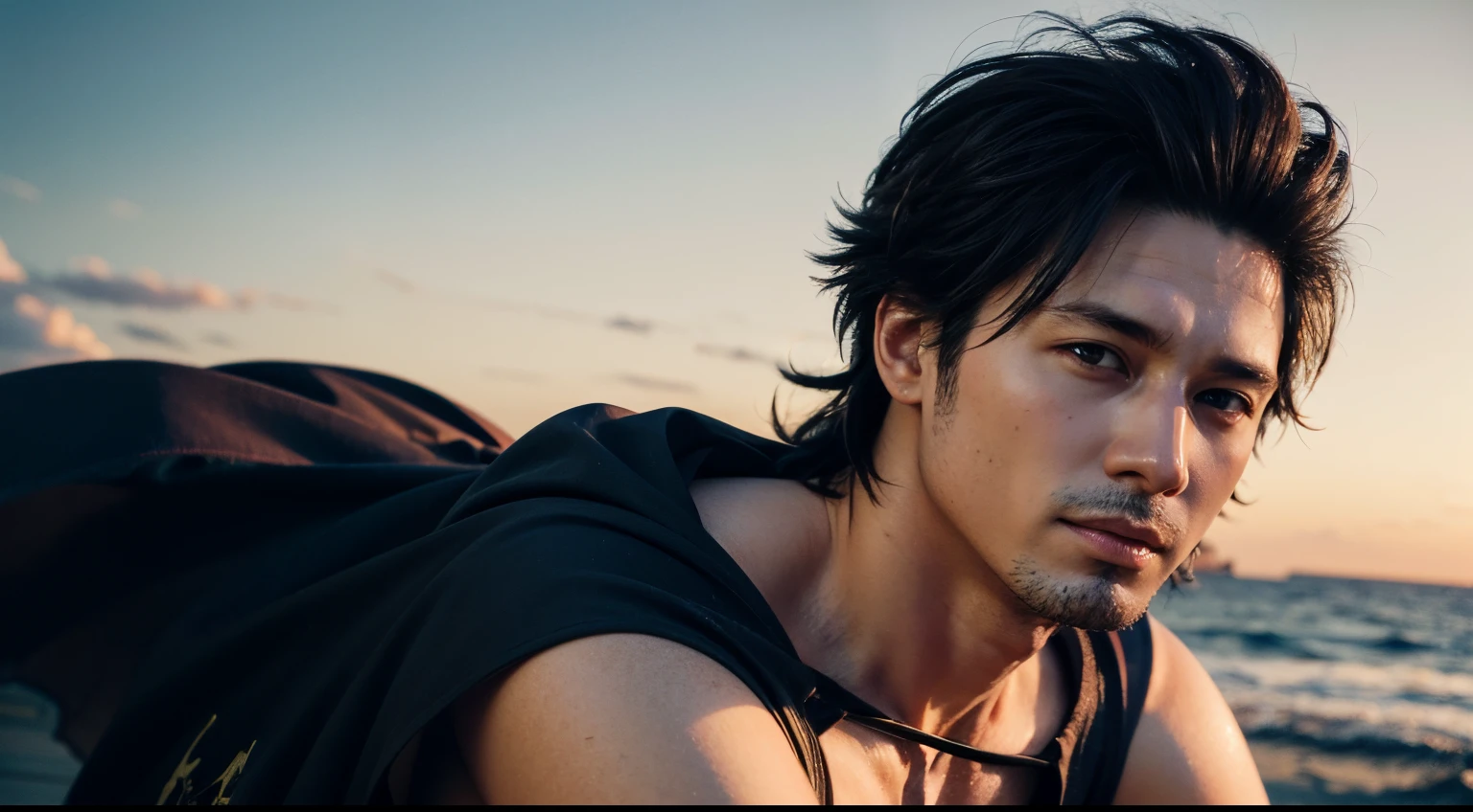 (masterpiece, best quality:1.2), upper body, solo, male focus, 1boy, yami sukehiro, muscular male, facial hair, sideburns, stubble, slight smile, looking at viewer, tank top, capelet