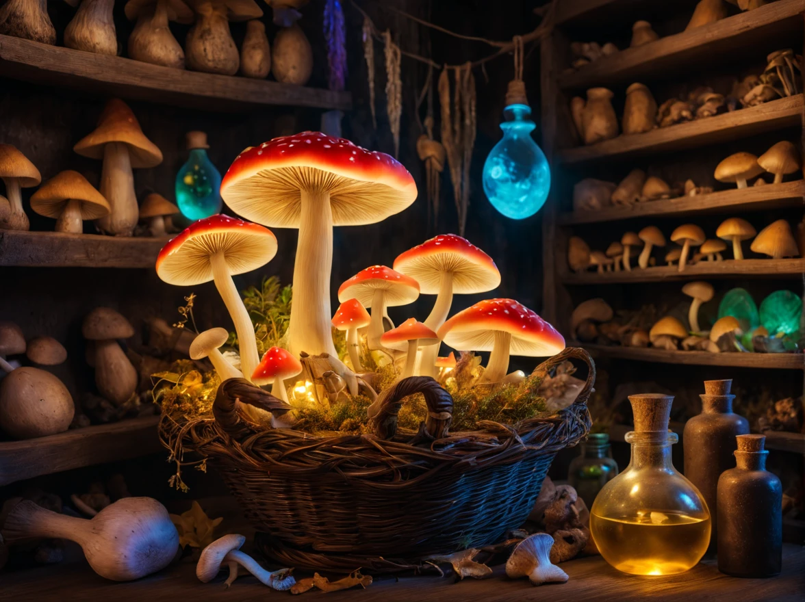The Witch's Kitchen,magic mushrooms in the basket,((Luminous mushrooms:colourfull)),witch details'kitchin,bottles,Photospores fly,magical lights,Light-emitting diode,masterpiece,8K,mandragora,medicinal herb shelf,parchment,magic fountain pen,A mysterious sight,Fantastical,The dim