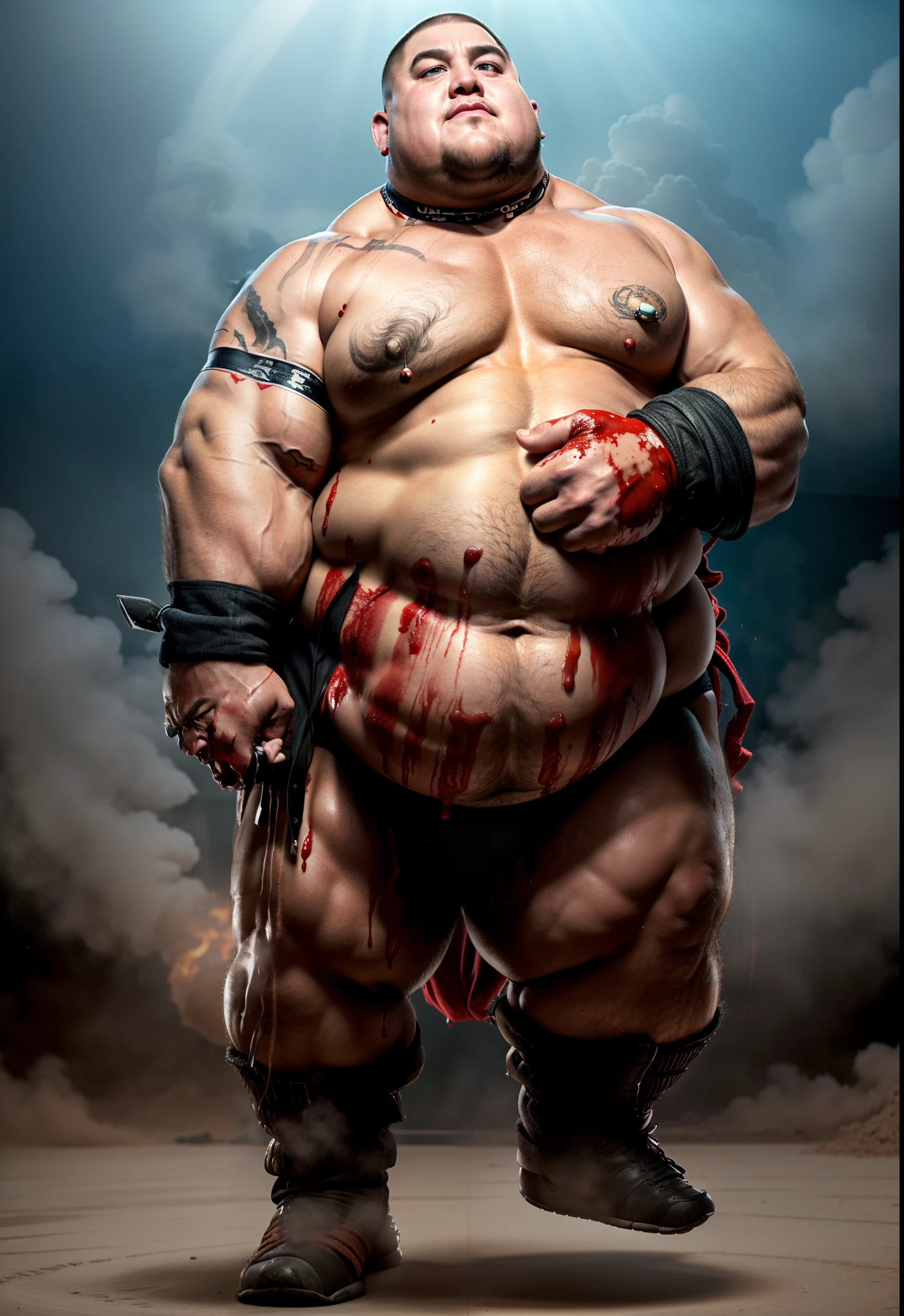 Bloody、Bloody、Top image quality、masterpiece、8K、kook、Strongest、Atrocious、The Monster、Murderous ghosts、Force、wrestler、Musculoskeletal augmentation々、musculature、fear face、Ultra-obesity、chubby、fatness