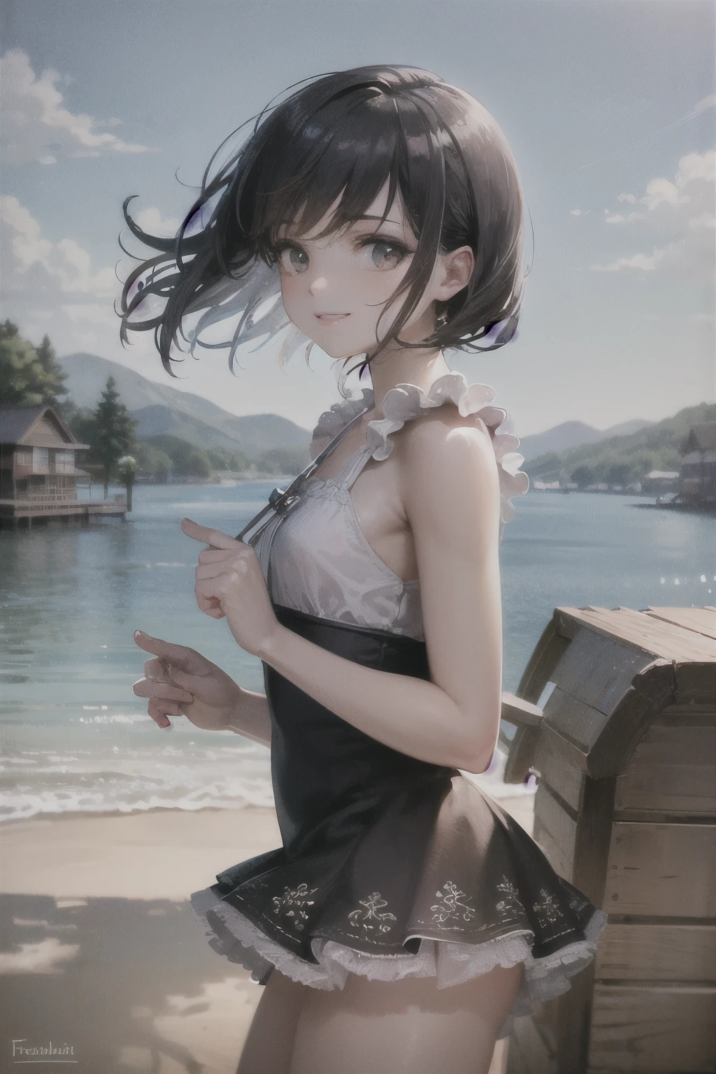 very cute and beautiful young lady,white sun dress with detailed frills,(highly detailed beautiful face and eyes:1.2),
smile,black hair,(cowboy shot),detailed legs,stylish pose,from side,
summer beach,brown wooden floating cottage,(best quality,masterpiece:1.2),intricate details,
solo,highres,cinematic lighting,hair fluttering in the wind,beautiful detailed sky,