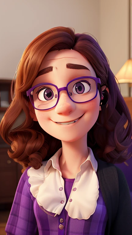 European woman with glasses and a purple shirt sitting on a bed, halfbody headshot, headshot of young female, slight nerdy smile, headshot profile picture, cute slightly nerdy smile, taken in the early 2020s, slightly smiling, looking straight to camera, she wears harry potter glasses, looking away from camera, nerdy appearance, twitch streamer
